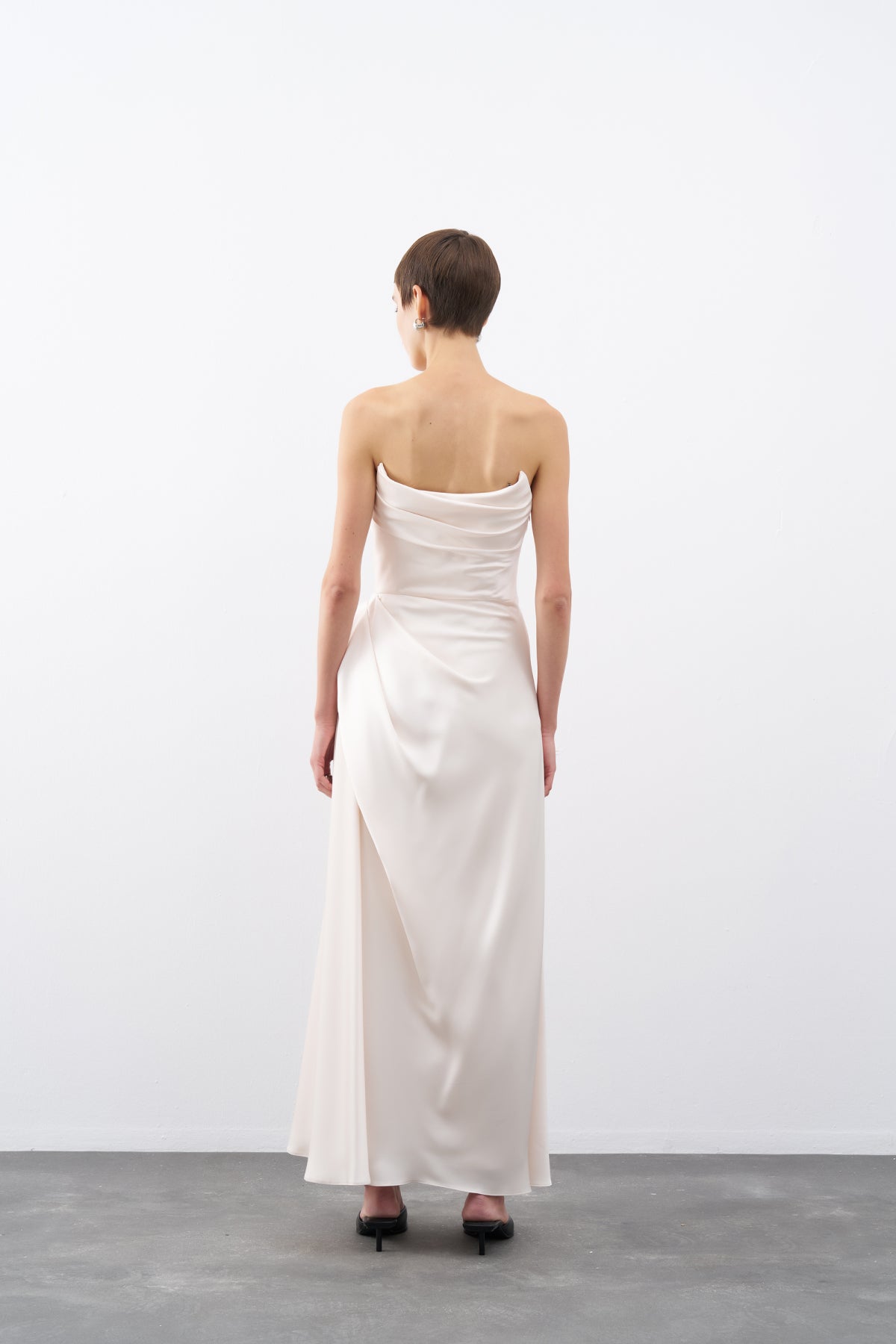 Ecru Strapless Draped Detail Long Evening Dress