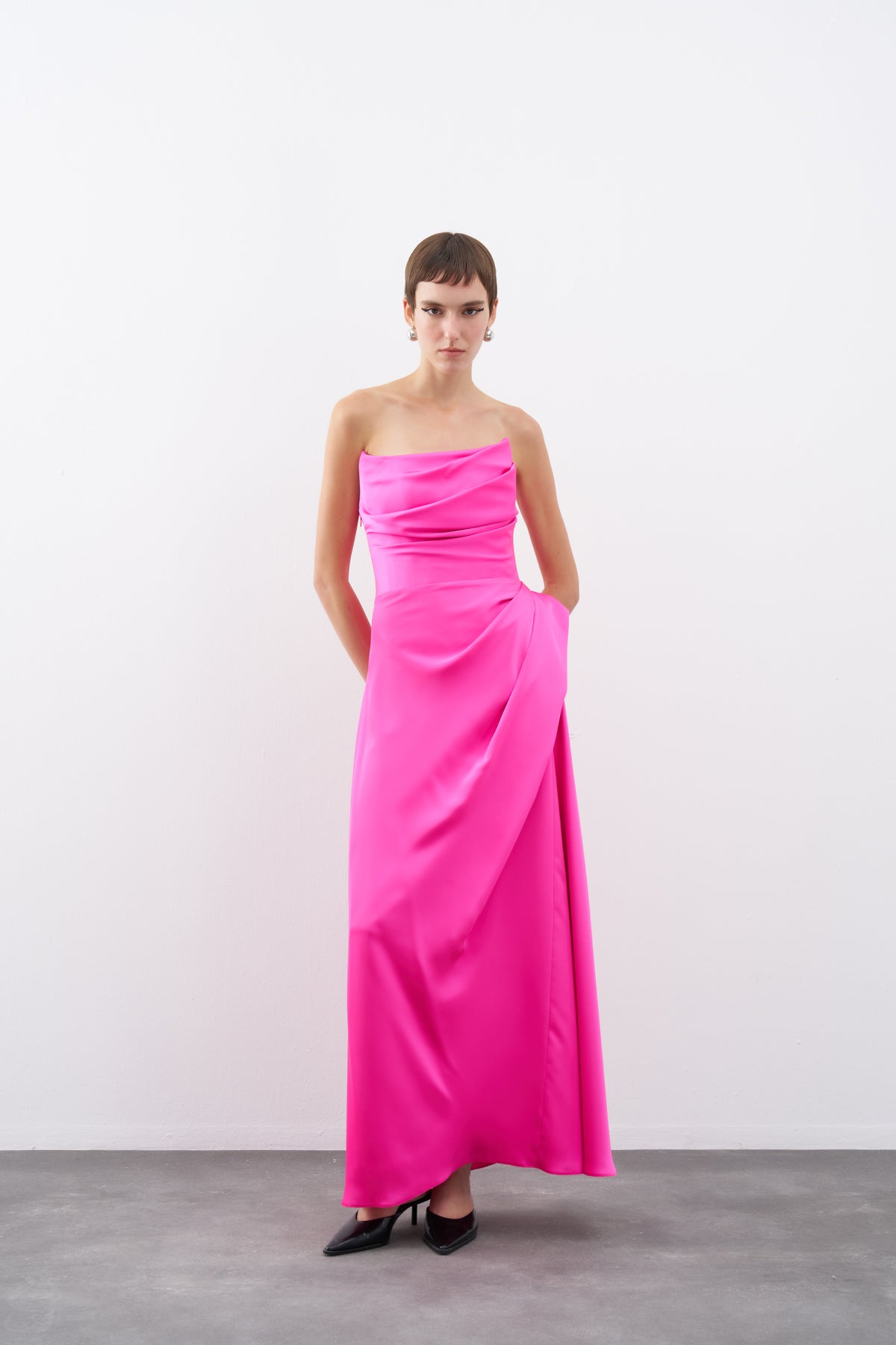 Fuchsia Strapless Draped Detail Long Evening Dress