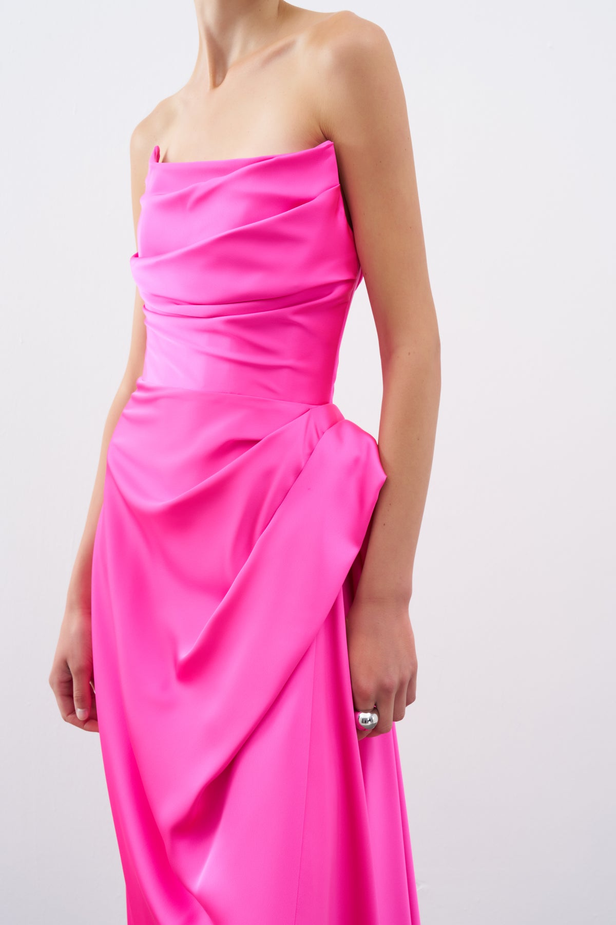 Fuchsia Strapless Draped Detail Long Evening Dress