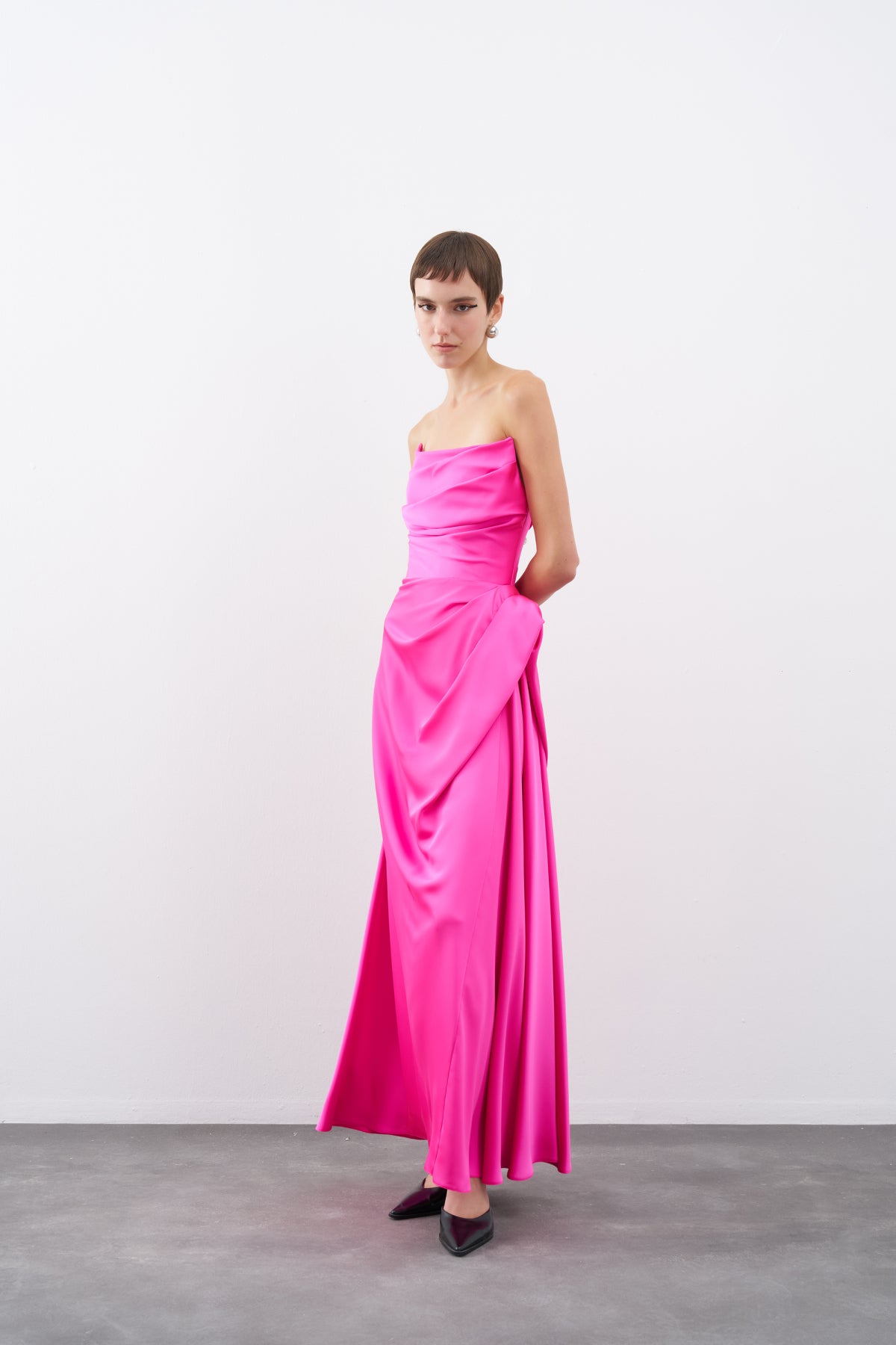 Fuchsia Strapless Draped Detail Long Evening Dress