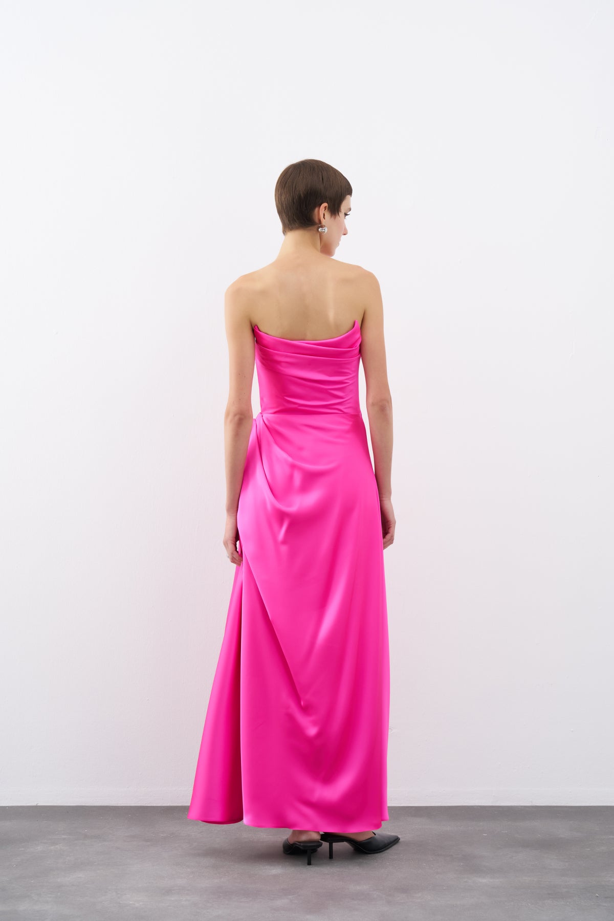 Fuchsia Strapless Draped Detail Long Evening Dress