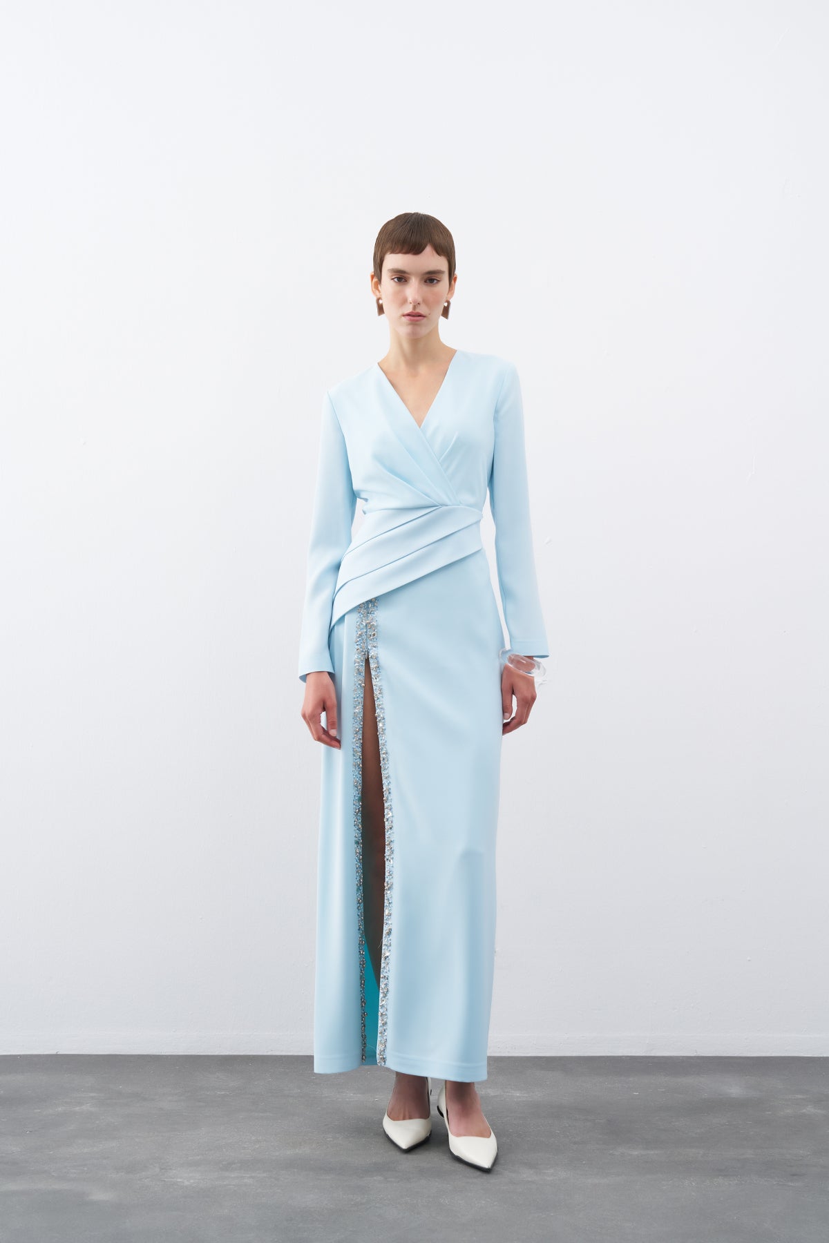 Blue Draped and Embroidered Detailed Slit Long Evening Dress