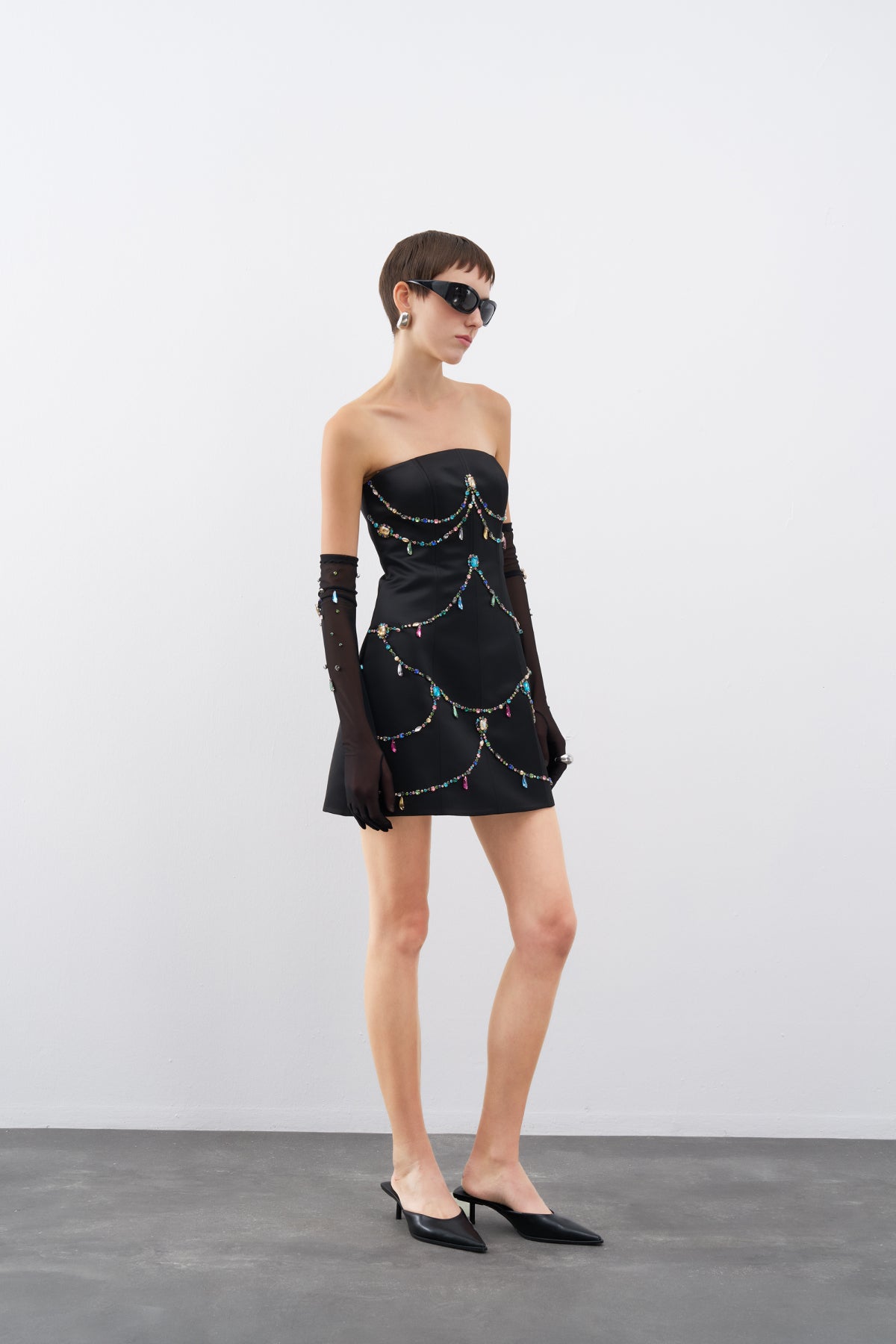 Black Strapless Stone Embroidered Mini Evening Dress