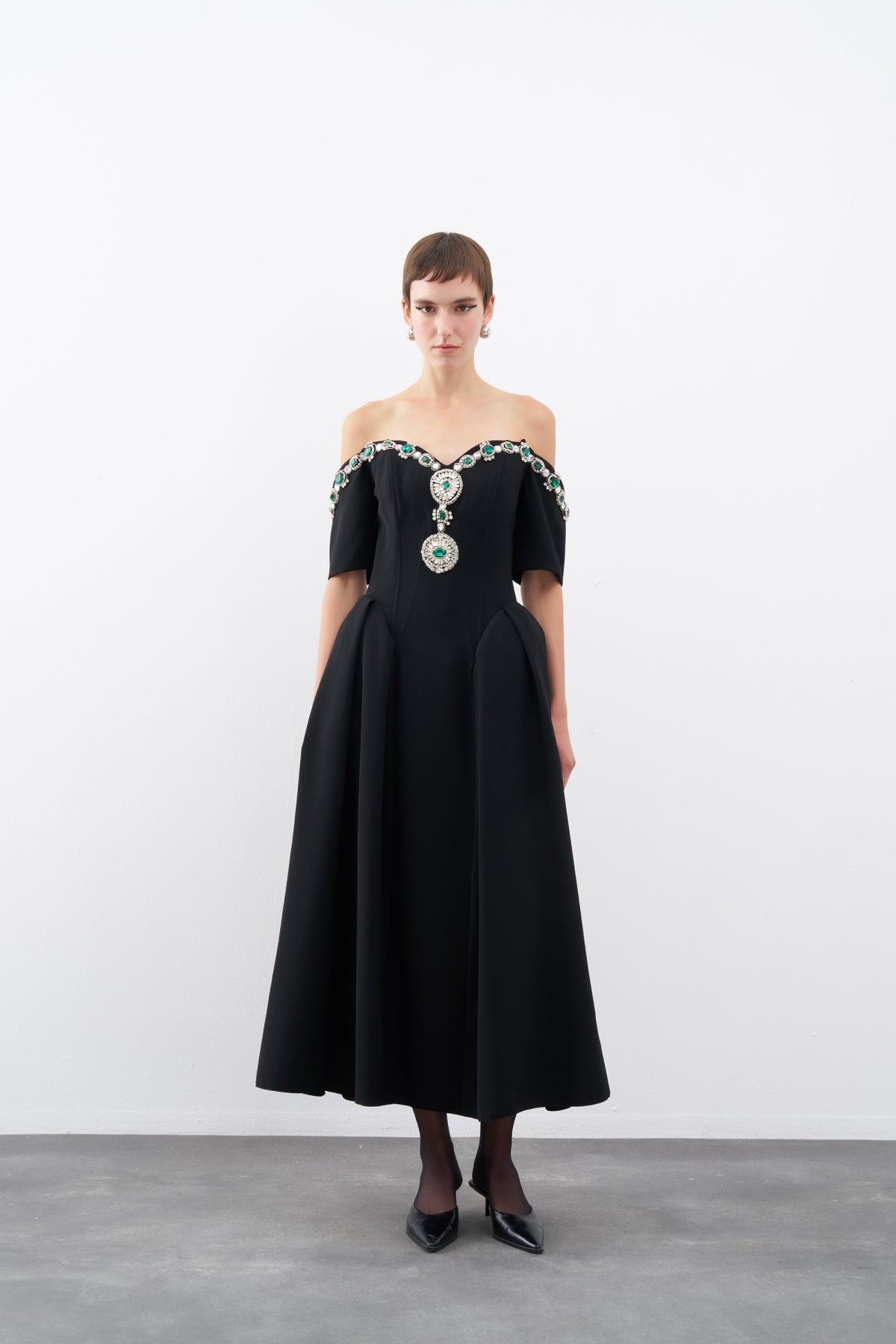 Black Stone Embroidered Off Shoulder Pleated Midi Evening Dress