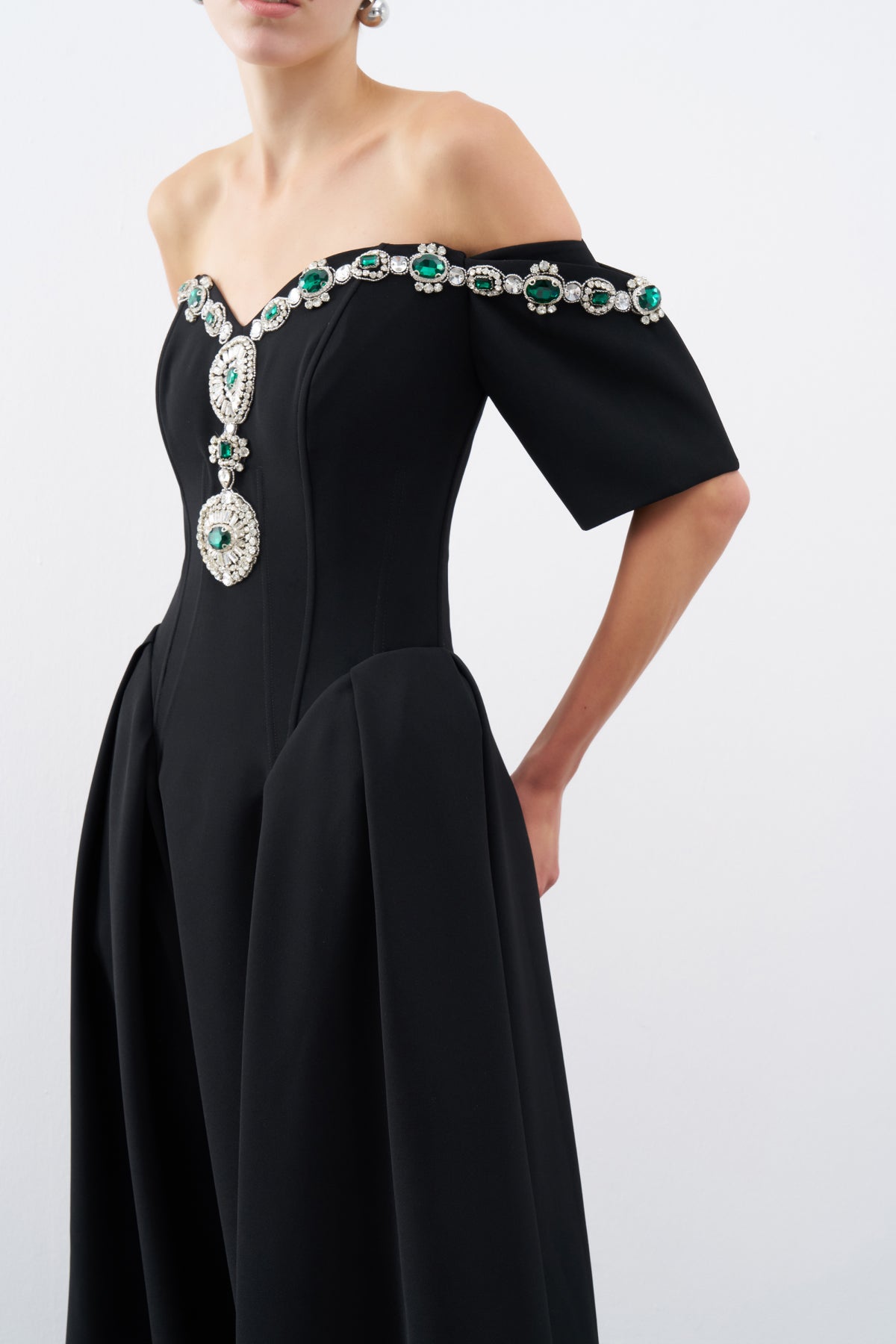 Black Stone Embroidered Off Shoulder Pleated Midi Evening Dress