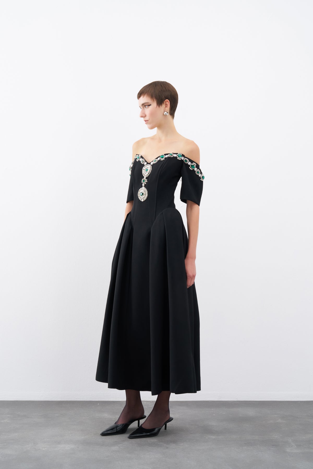 Black Stone Embroidered Off Shoulder Pleated Midi Evening Dress