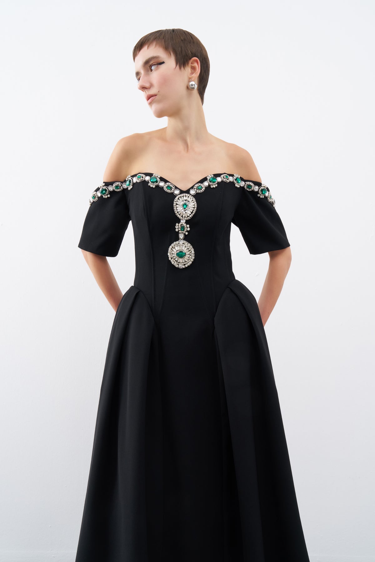 Black Stone Embroidered Off Shoulder Pleated Midi Evening Dress