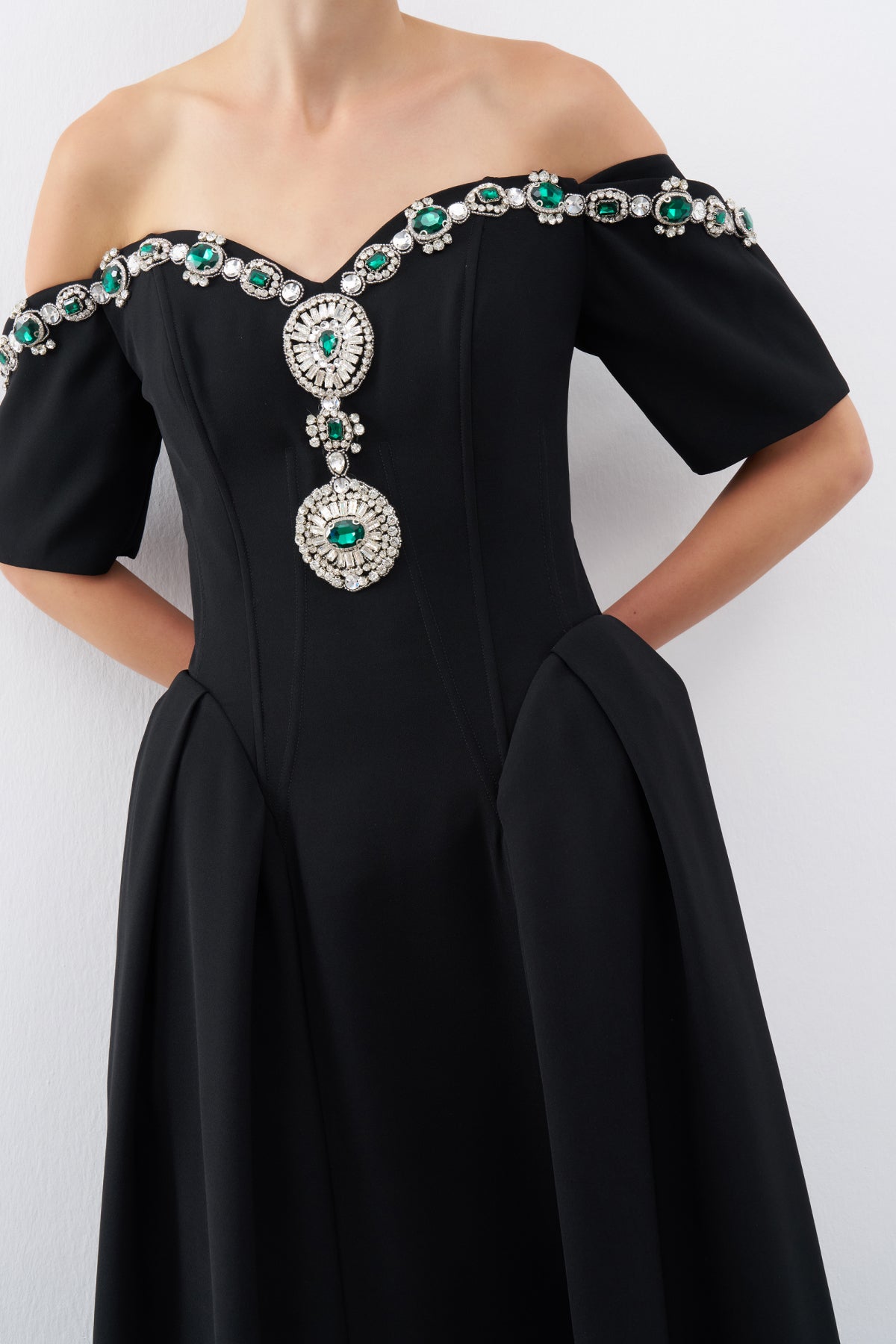 Black Stone Embroidered Off Shoulder Pleated Midi Evening Dress