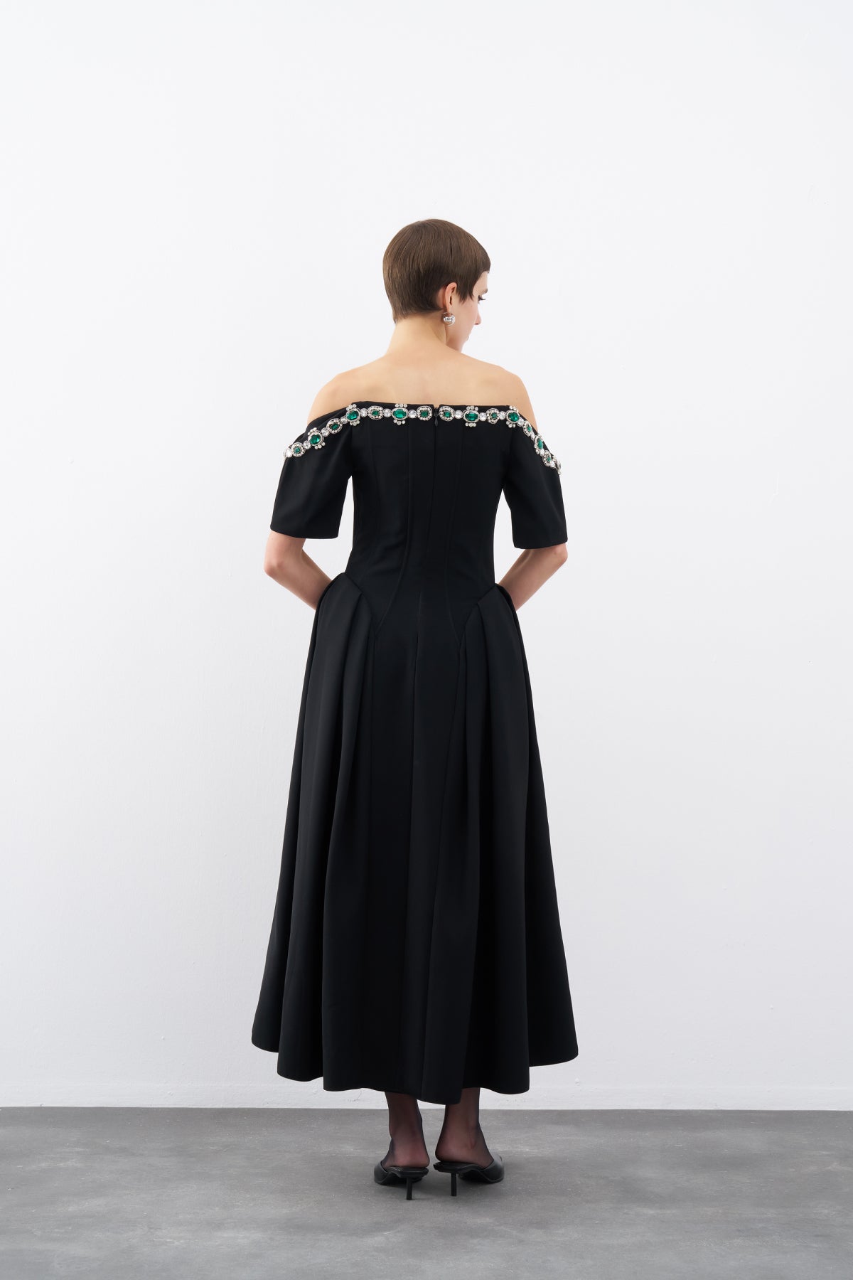 Black Stone Embroidered Off Shoulder Pleated Midi Evening Dress