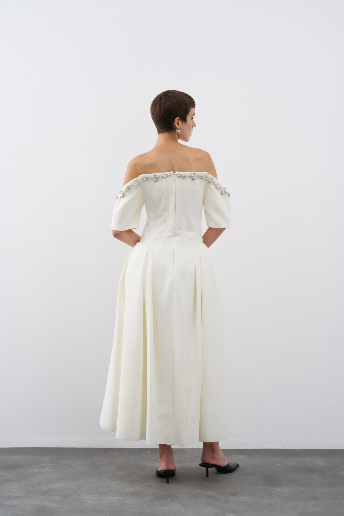 Cream Stone Embroidered Off Shoulder Pleated Midi Evening Dress