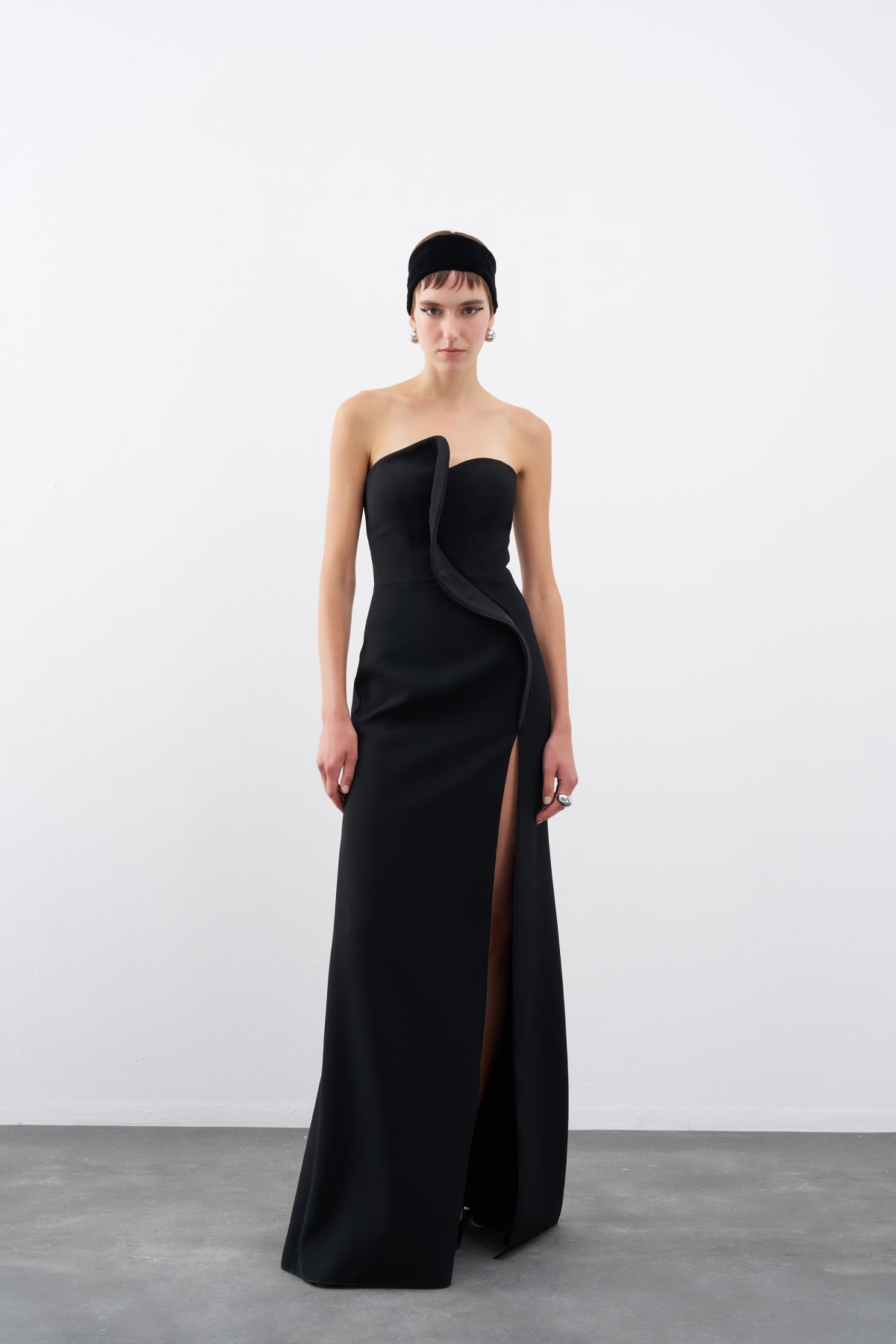 Black Asymmetrical Strapless Deep Slit Long Evening Dress