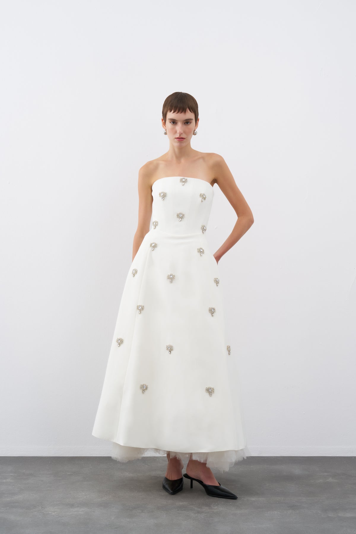 Cream Front Stone Embroidered Strapless A-Line Evening Dress