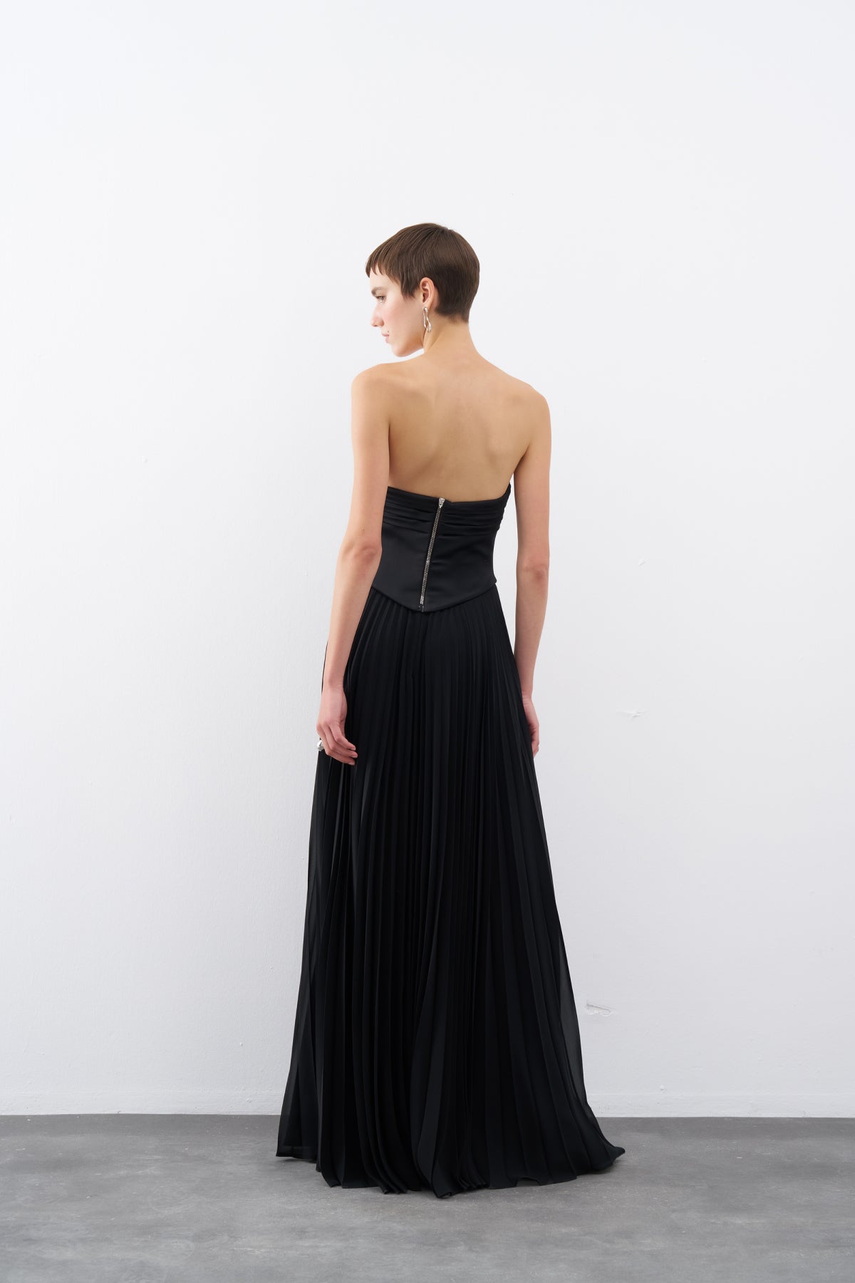 Black Strapless Draped Pleated Skirt Long Evening Dress