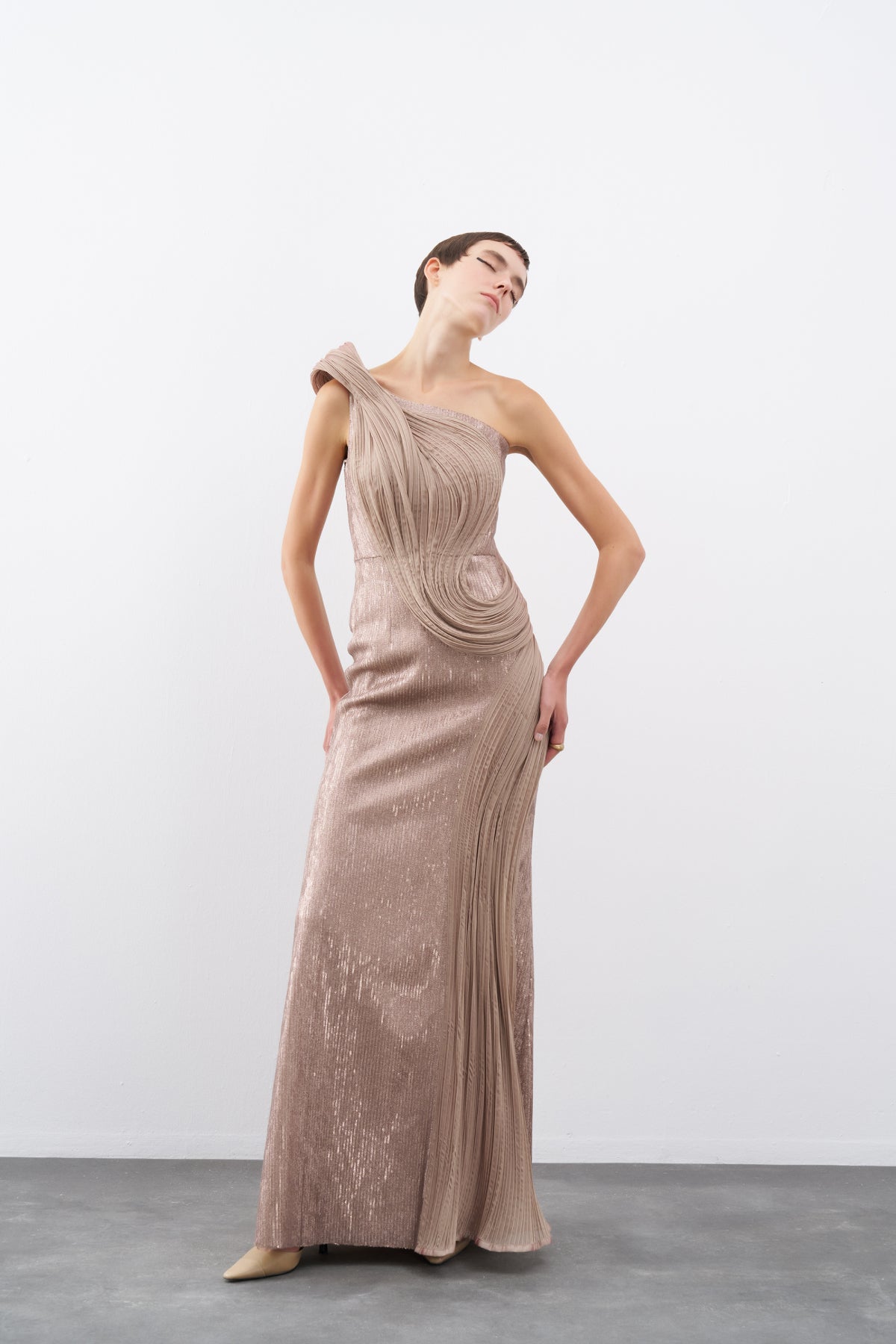 Mink One Shoulder Sequined Organza Detailed Long Evening Dress