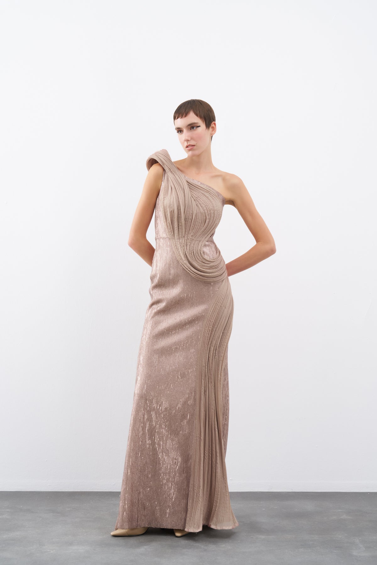 Mink One Shoulder Sequined Organza Detailed Long Evening Dress