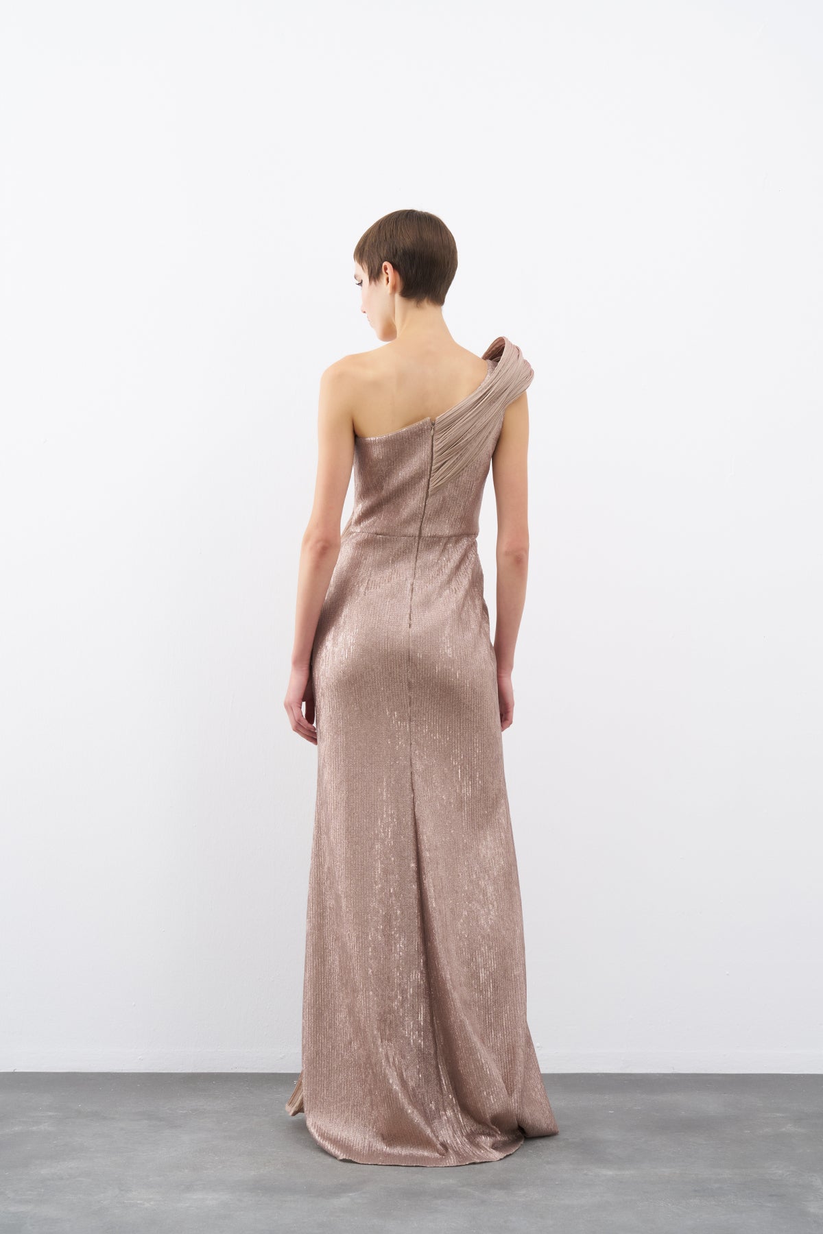 Mink One Shoulder Sequined Organza Detailed Long Evening Dress