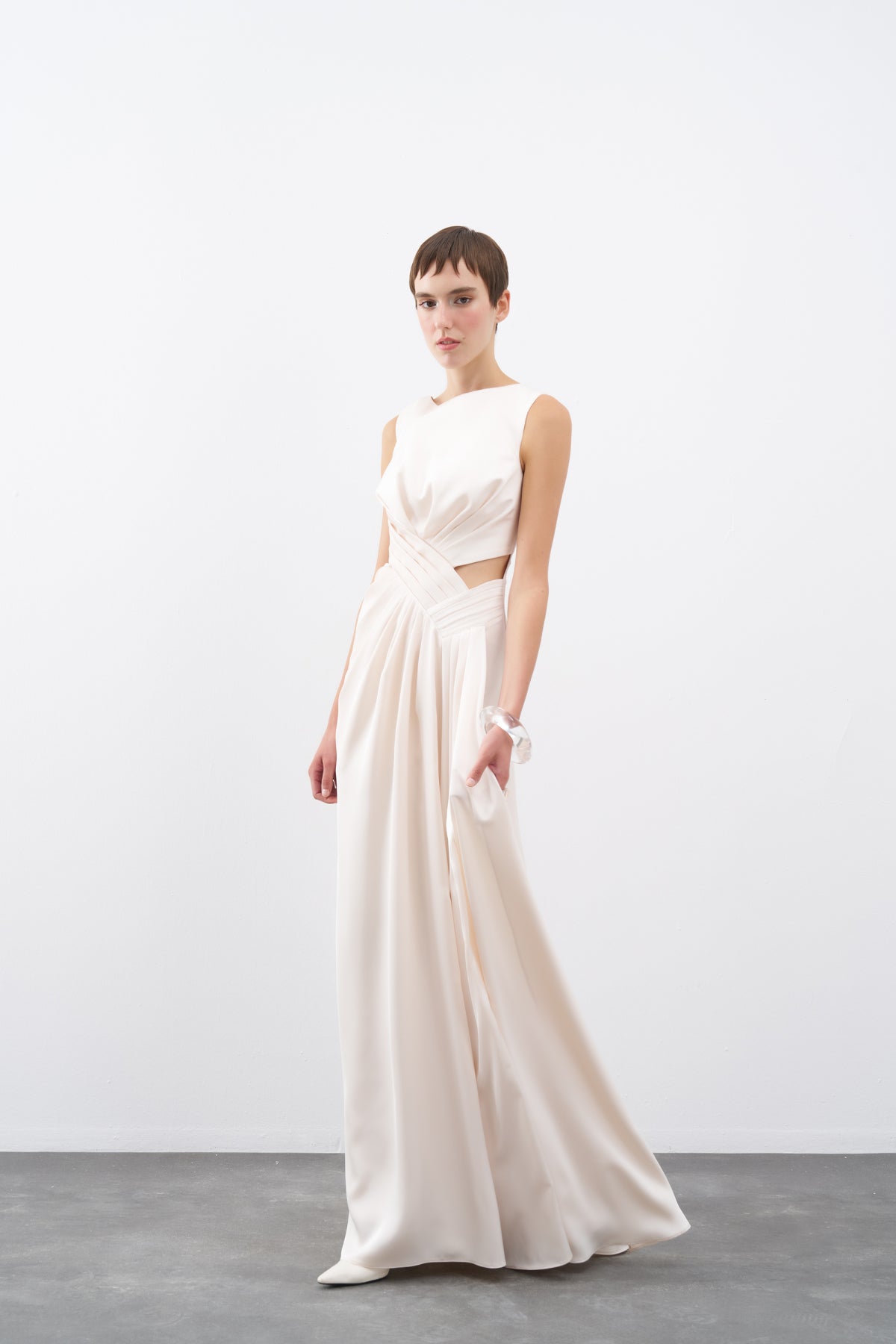 Cream Window Detailed Slit Long Evening Dress