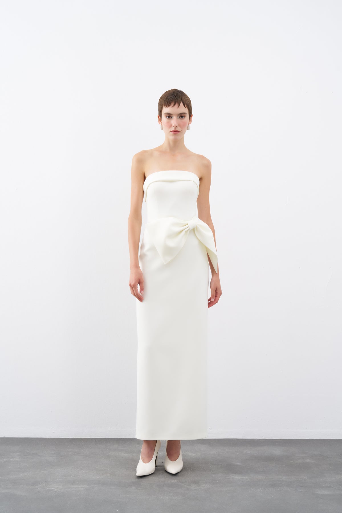 Ecru Strapless Bow Detail Long Evening Dress