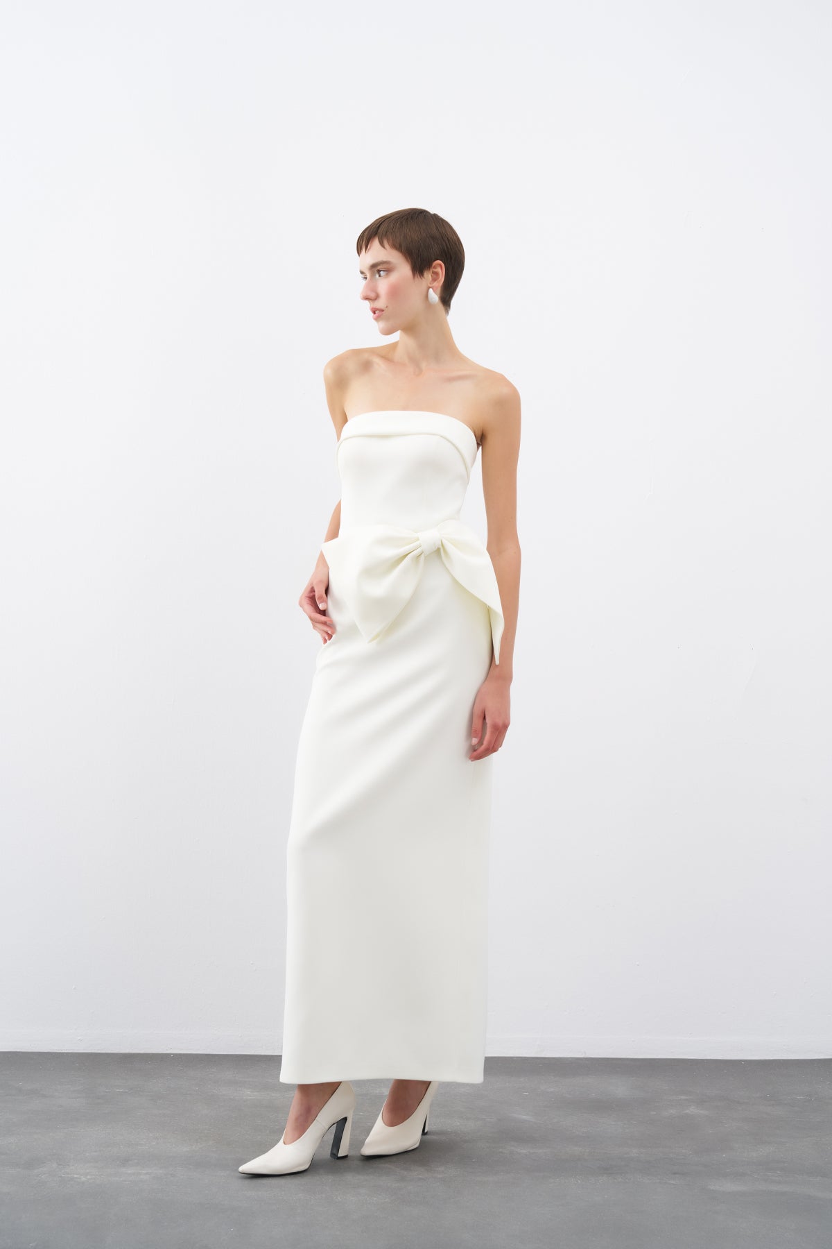 Ecru Strapless Bow Detail Long Evening Dress