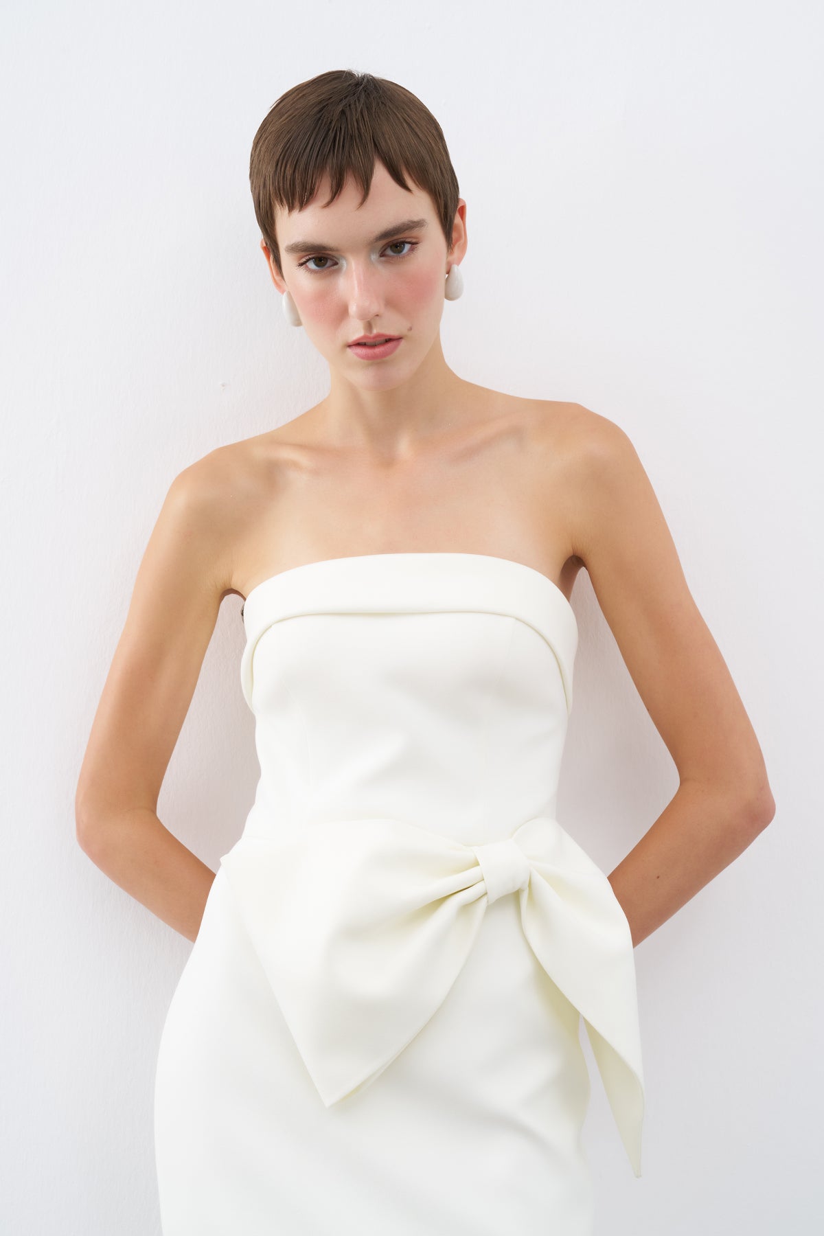 Ecru Strapless Bow Detail Long Evening Dress