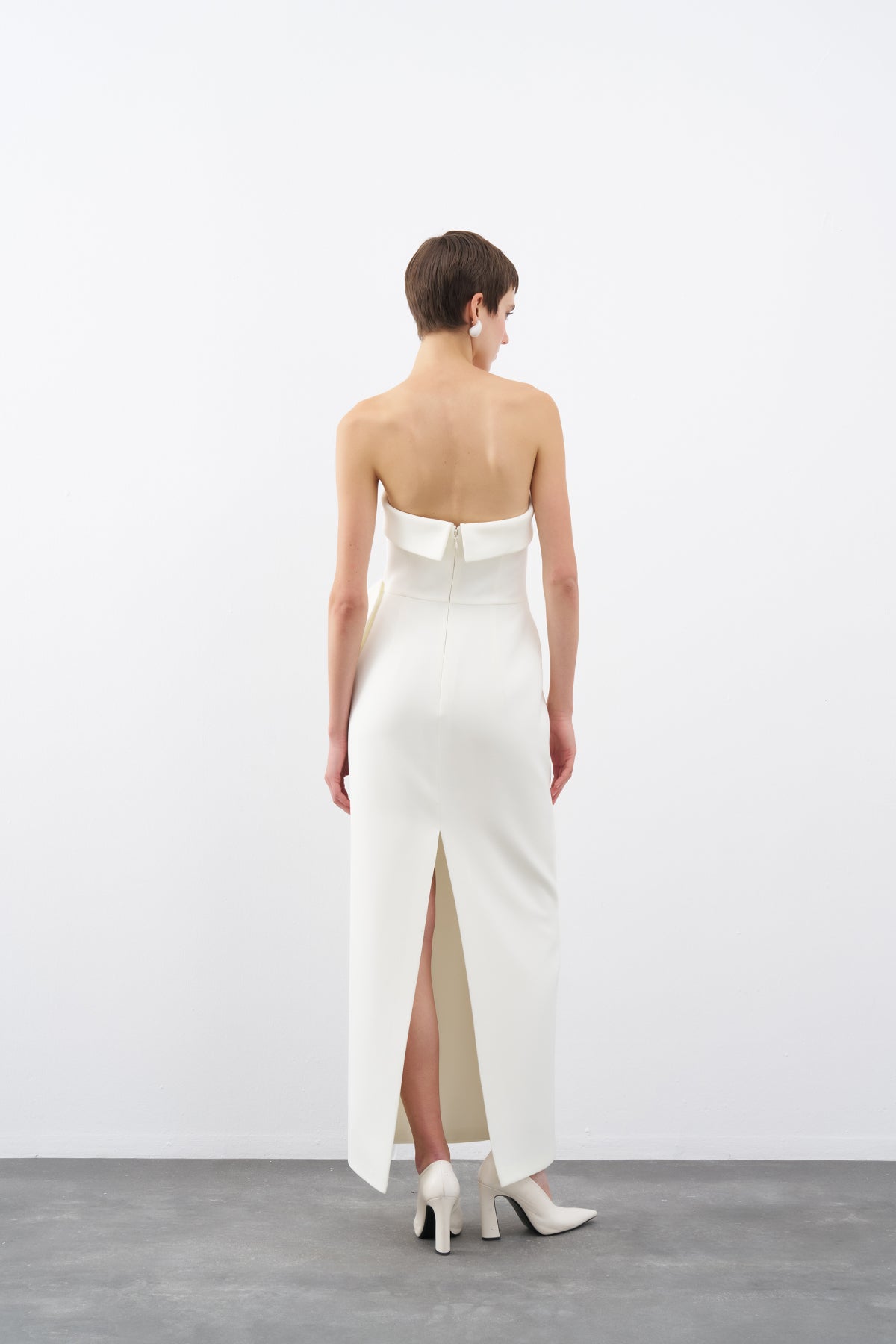 Ecru Strapless Bow Detail Long Evening Dress