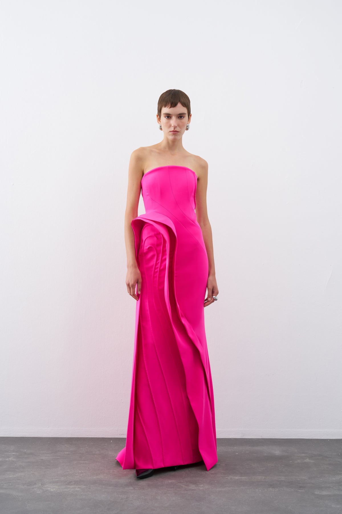 Fuchsia Strapless Flounce Detailed Long Evening Dress