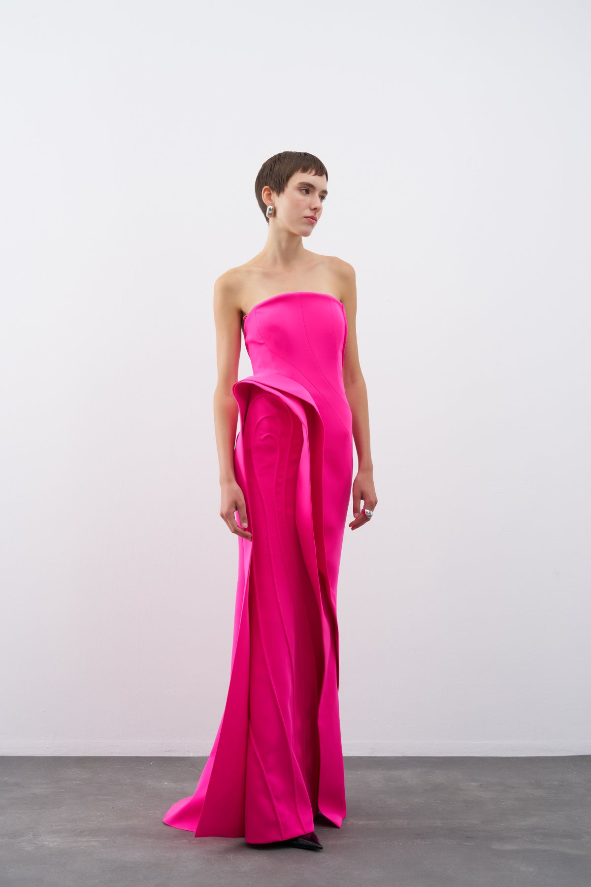 Fuchsia Strapless Flounce Detailed Long Evening Dress