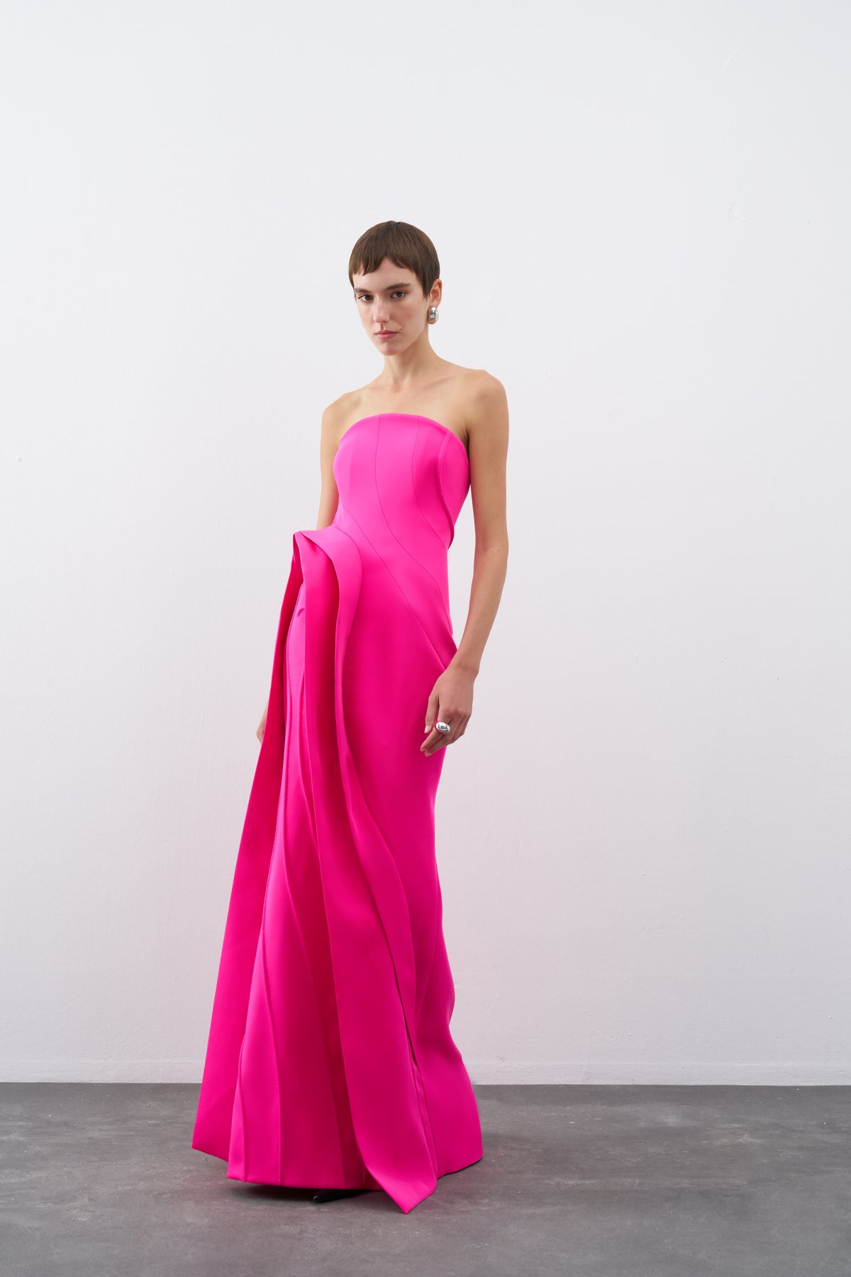 Fuchsia Strapless Flounce Detailed Long Evening Dress