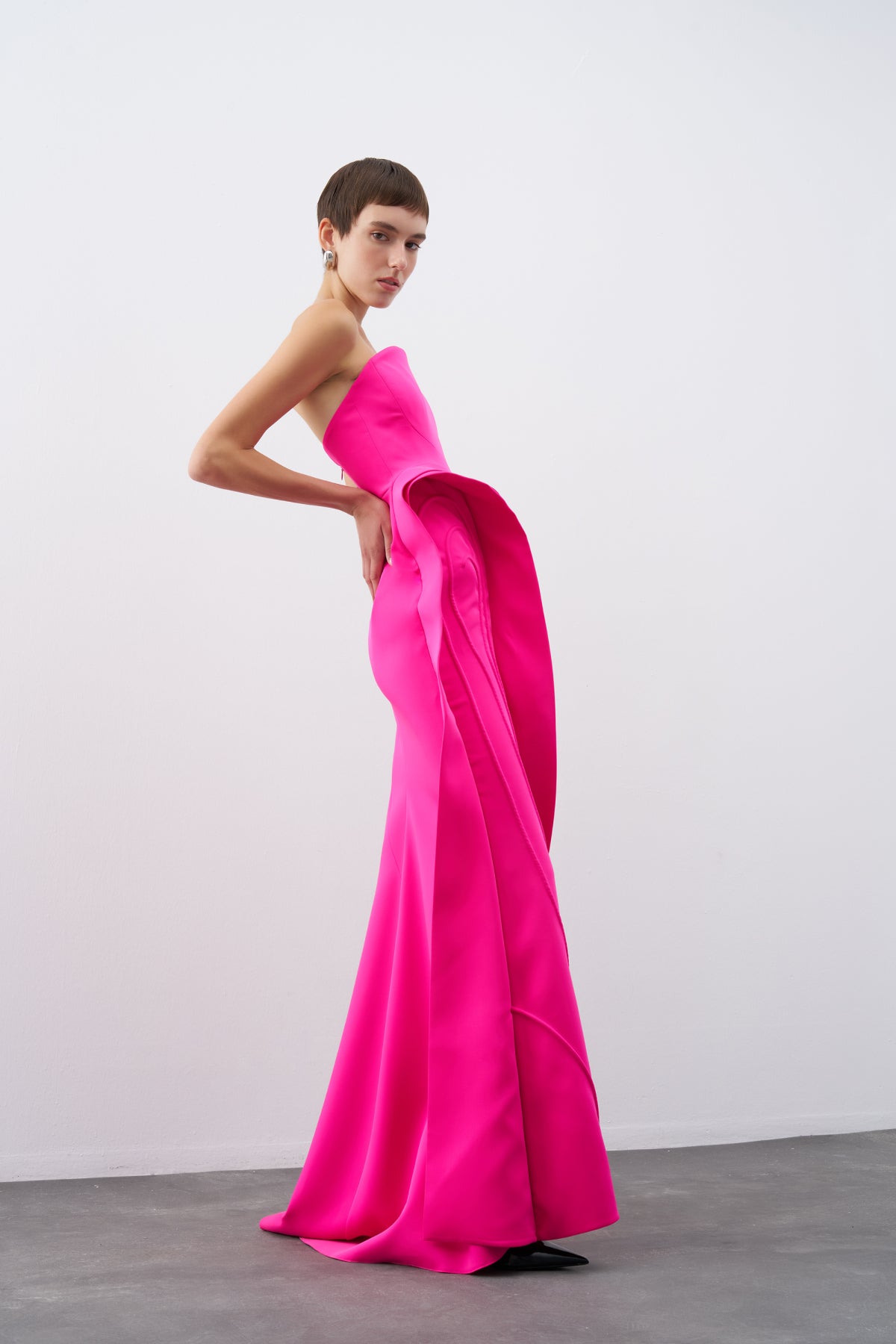 Fuchsia Strapless Flounce Detailed Long Evening Dress