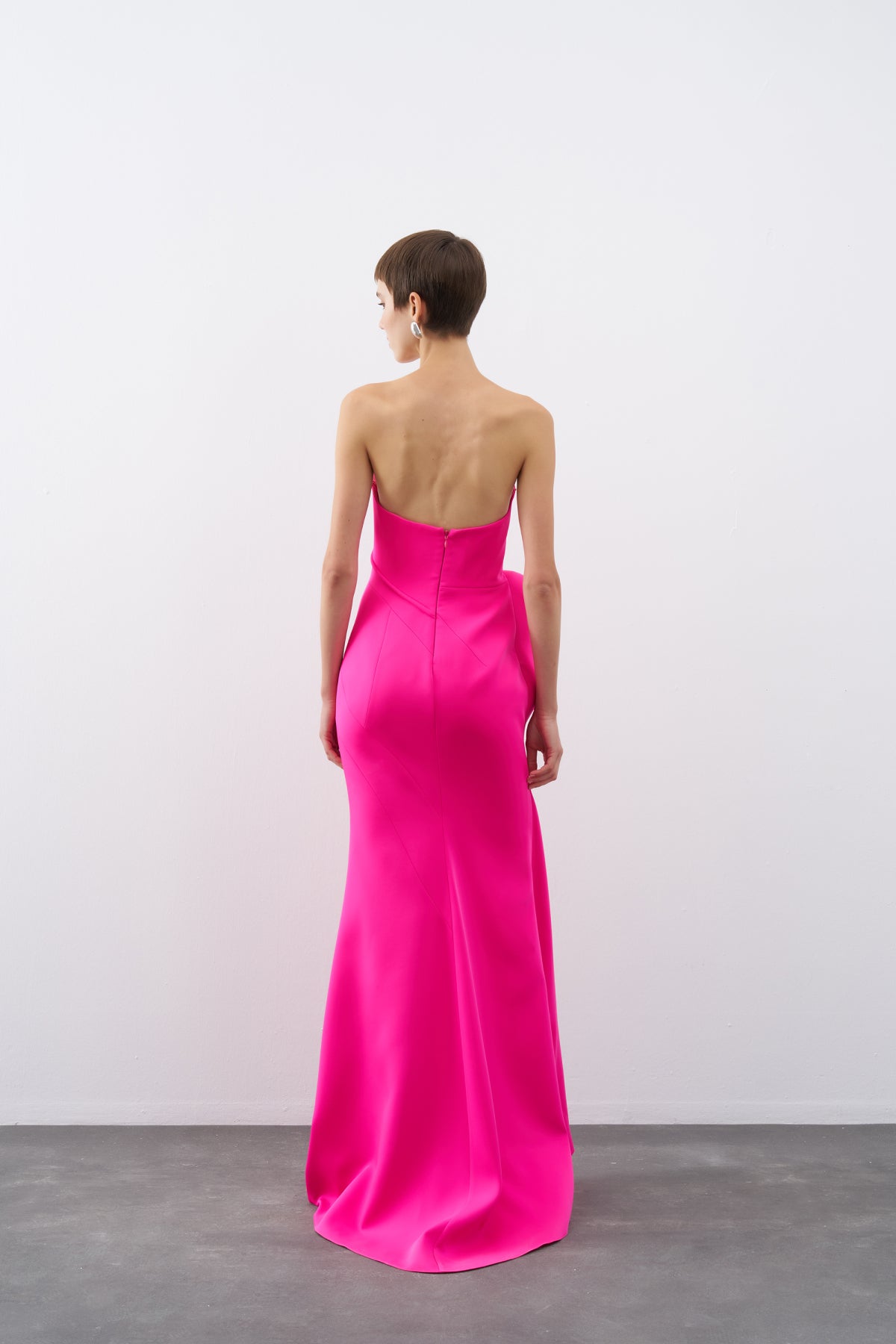 Fuchsia Strapless Flounce Detailed Long Evening Dress