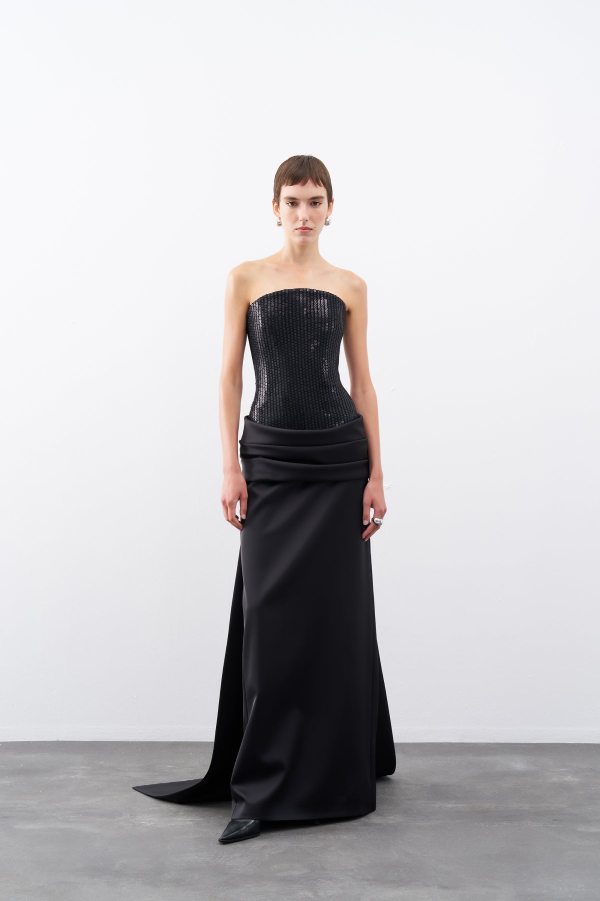 Black Sequined Satin Strapless Long Evening Dress