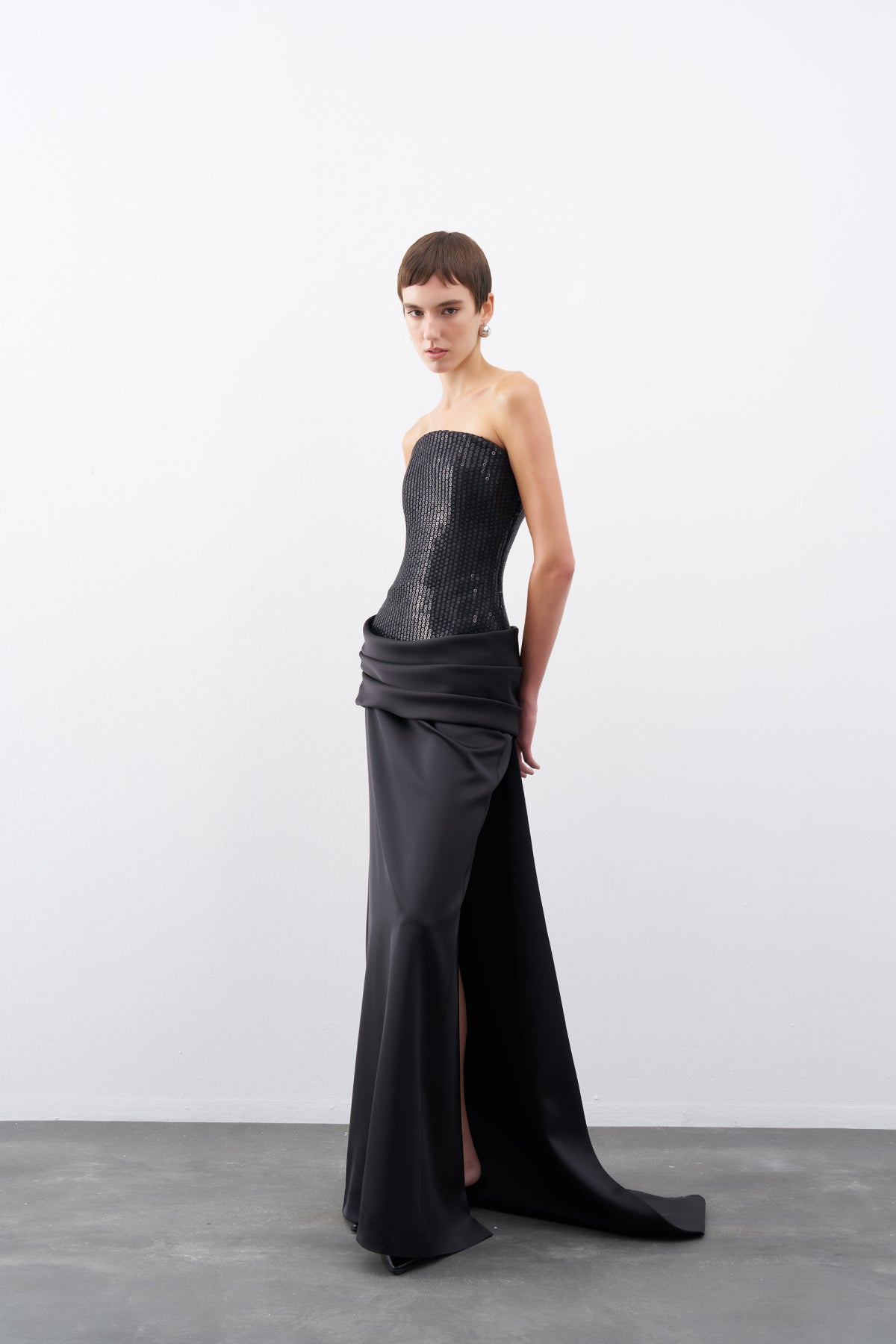 Black Sequined Satin Strapless Long Evening Dress