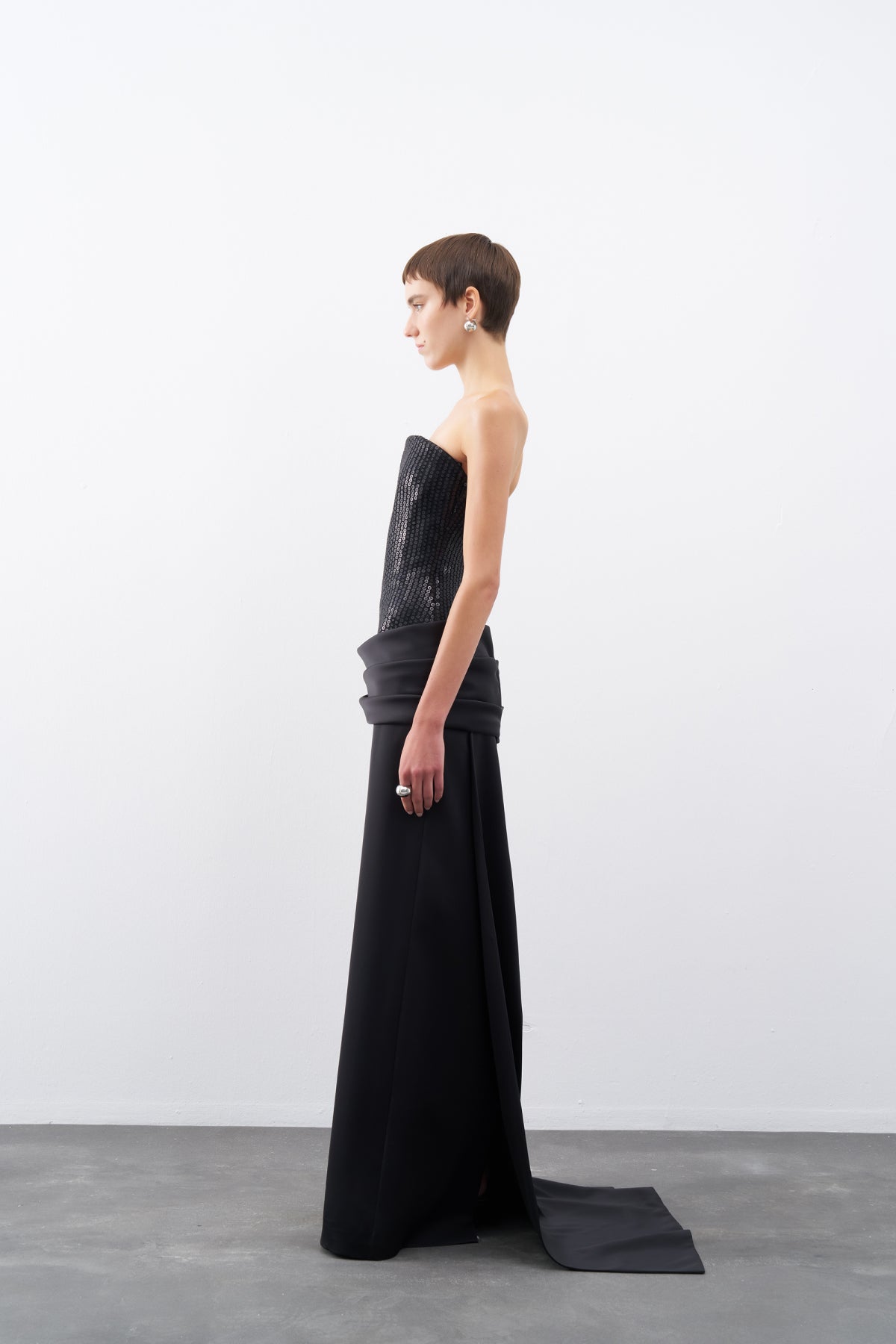 Black Sequined Satin Strapless Long Evening Dress