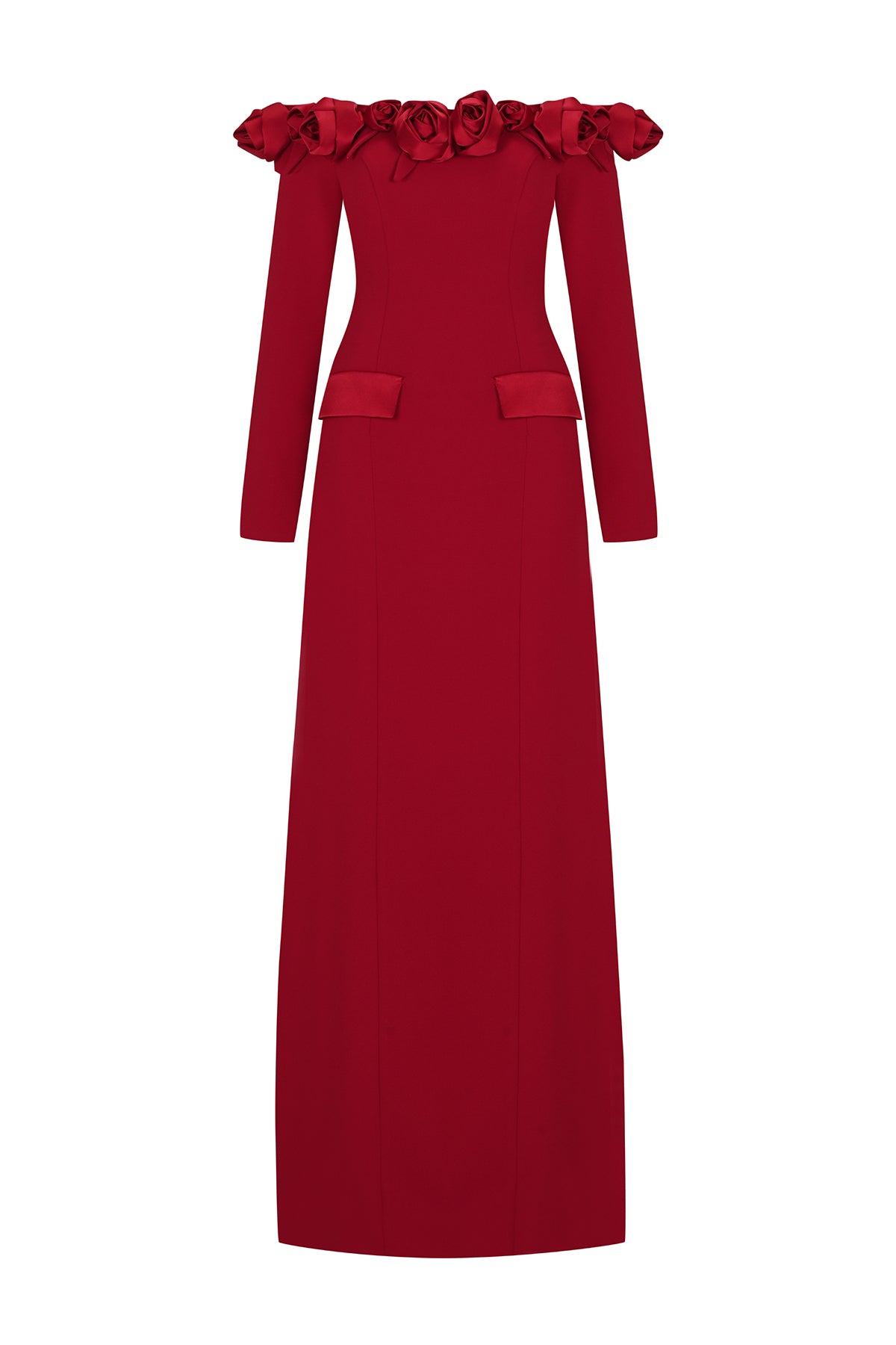 Omuzları Açık Gül Aplikeli Uzun Kollu Abiye Elbise