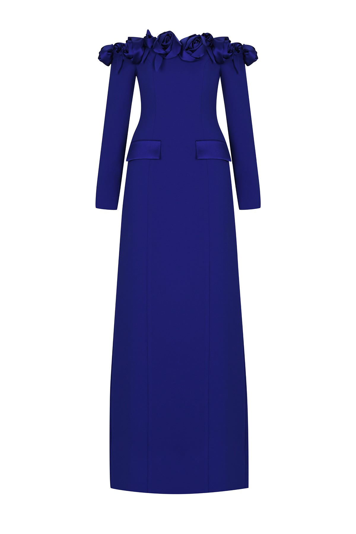 Omuzları Açık Gül Aplikeli Uzun Kollu Abiye Elbise