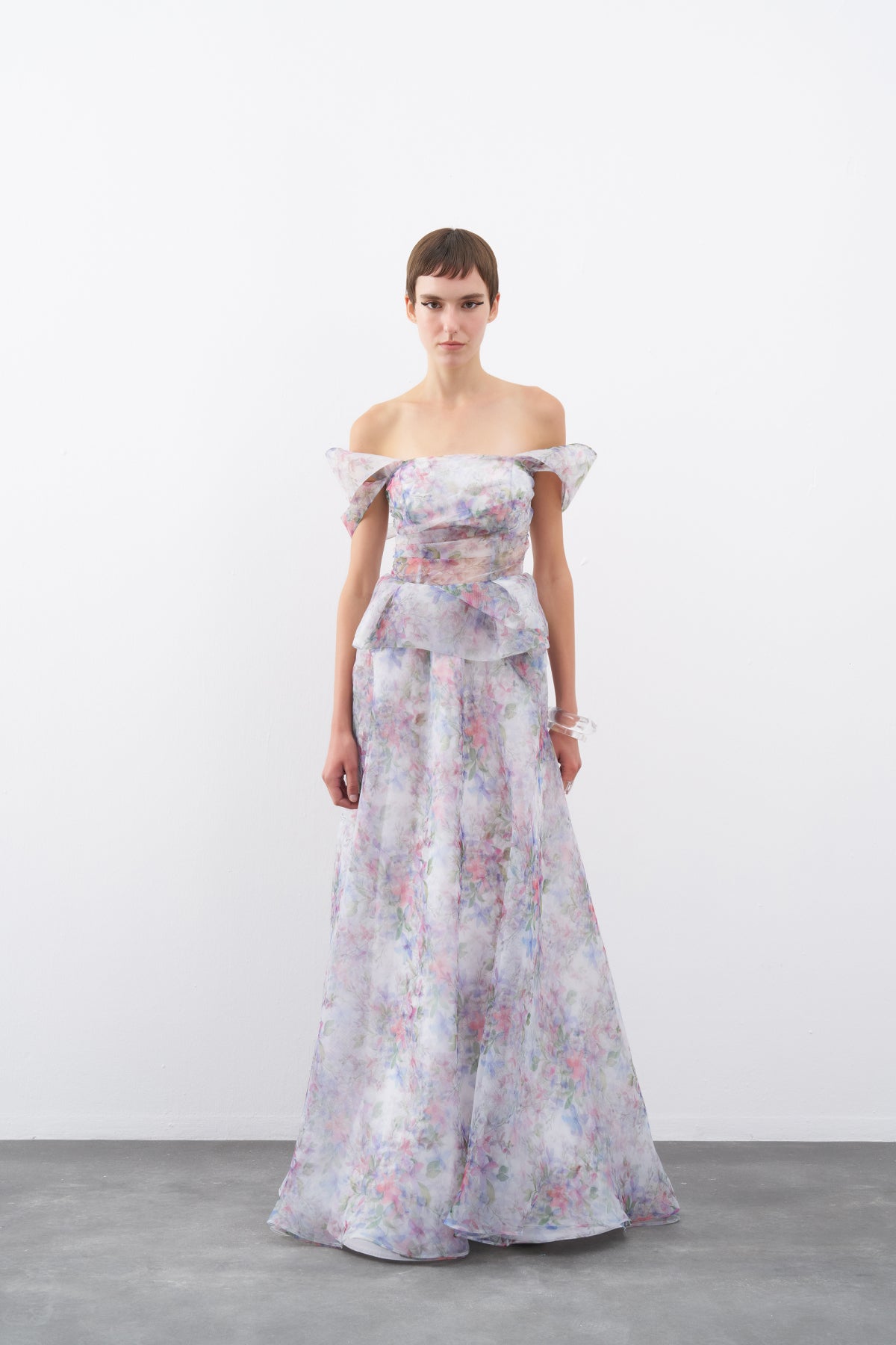 Floral Patterned Off Shoulder Organza Long Evening Dress