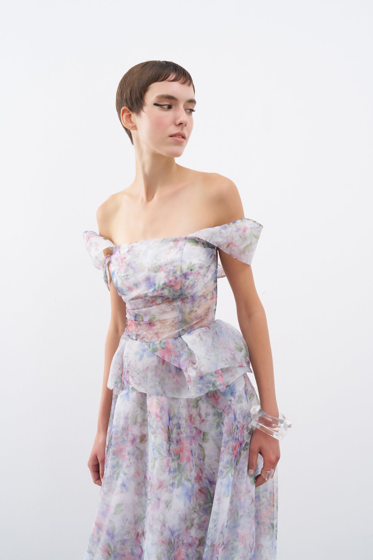 Floral Patterned Off Shoulder Organza Long Evening Dress