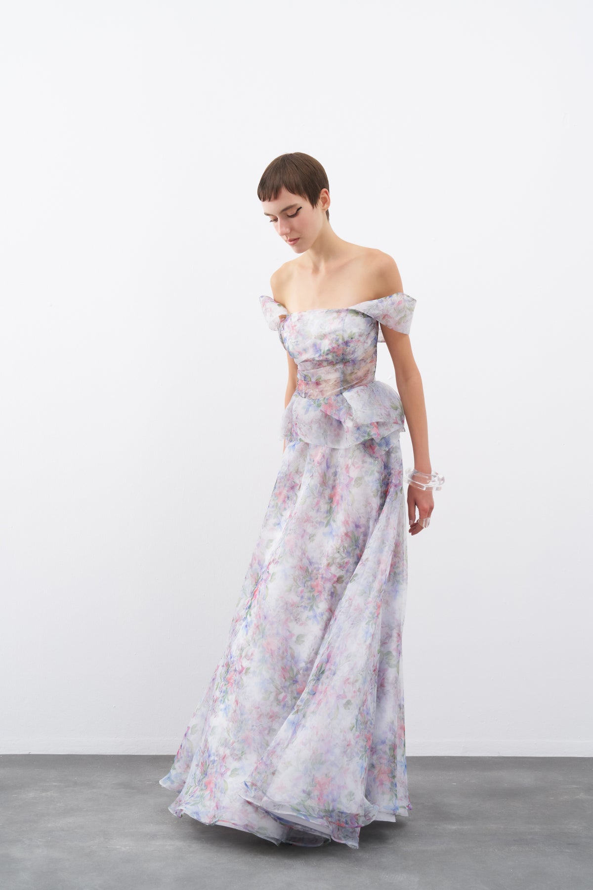 Floral Patterned Off Shoulder Organza Long Evening Dress