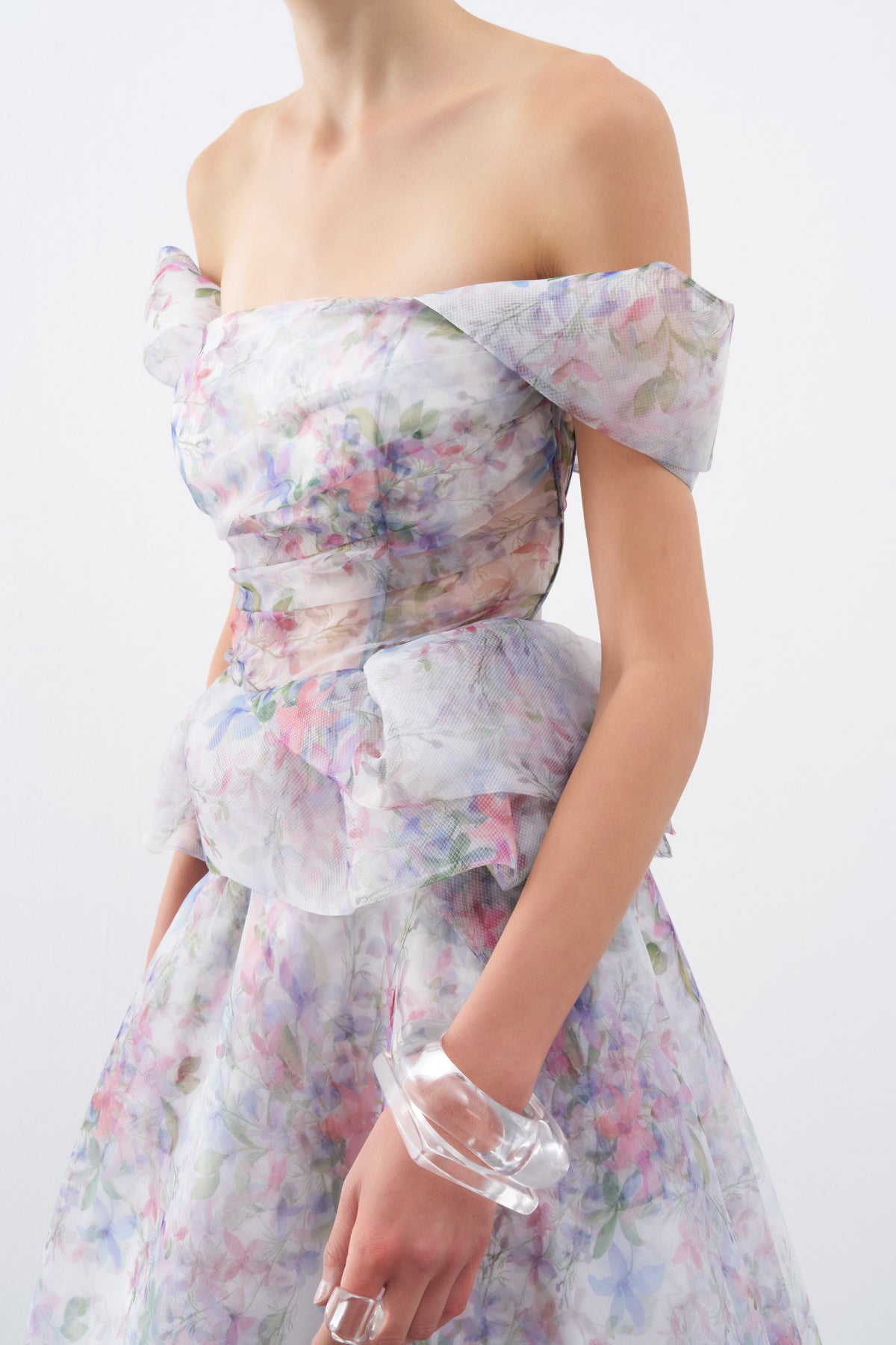 Floral Patterned Off Shoulder Organza Long Evening Dress