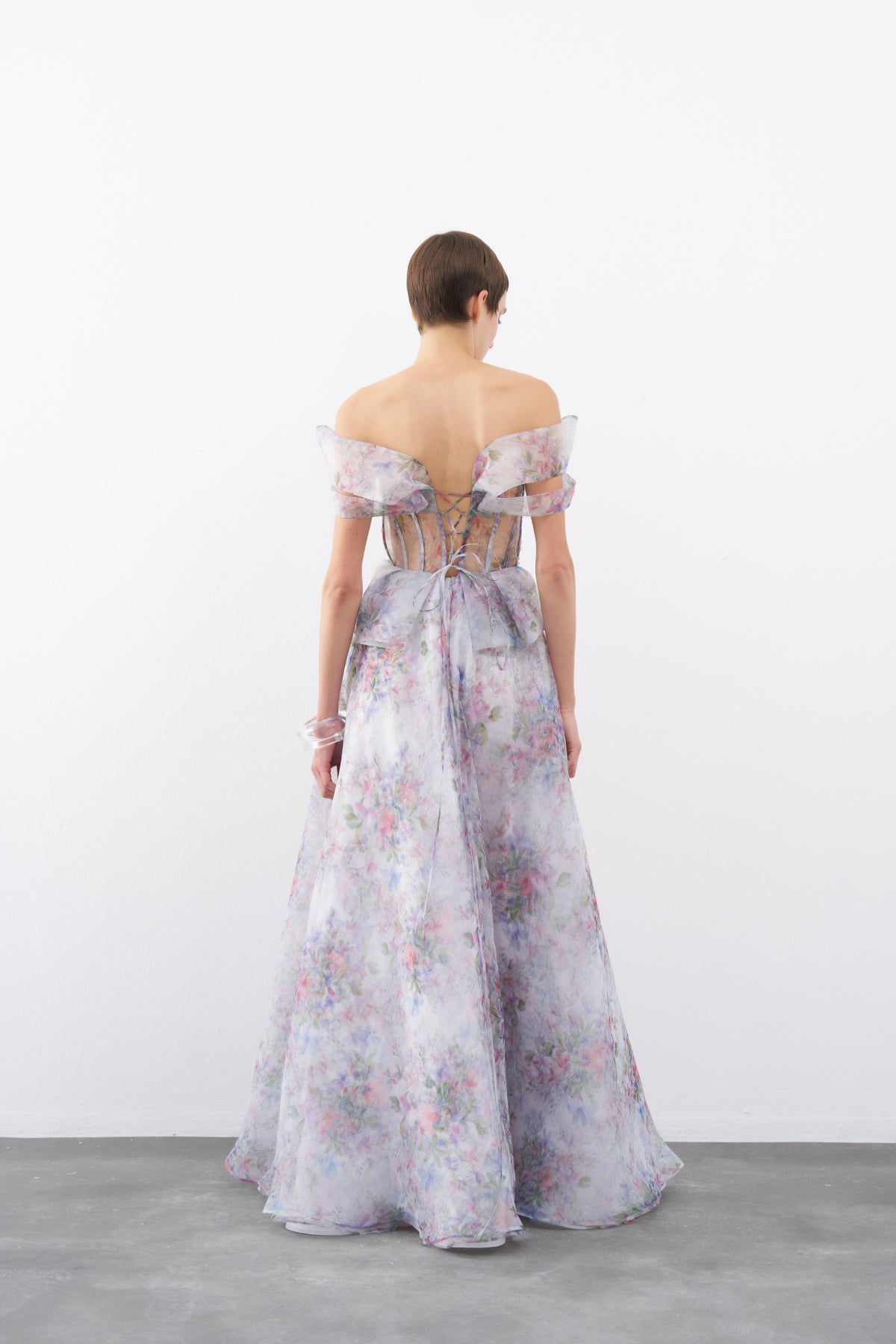 Floral Patterned Off Shoulder Organza Long Evening Dress