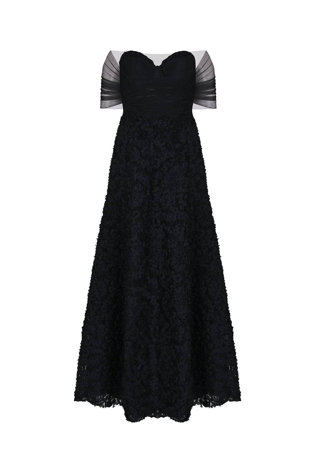 Çiçek Aplikeli Transparan Büst Detaylı Uzun Abiye Elbise