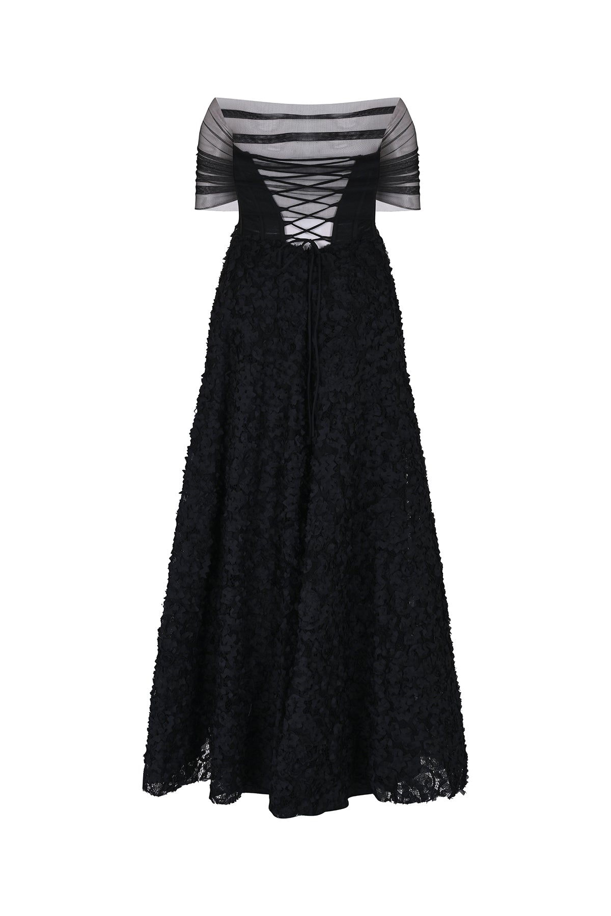 Çiçek Aplikeli Transparan Büst Detaylı Uzun Abiye Elbise