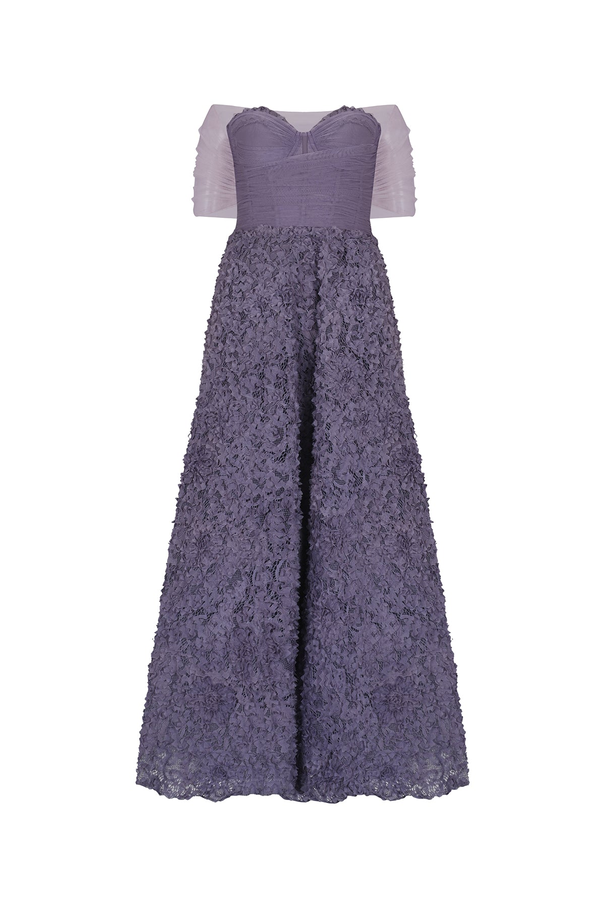 Çiçek Aplikeli Transparan Büst Detaylı Uzun Abiye Elbise