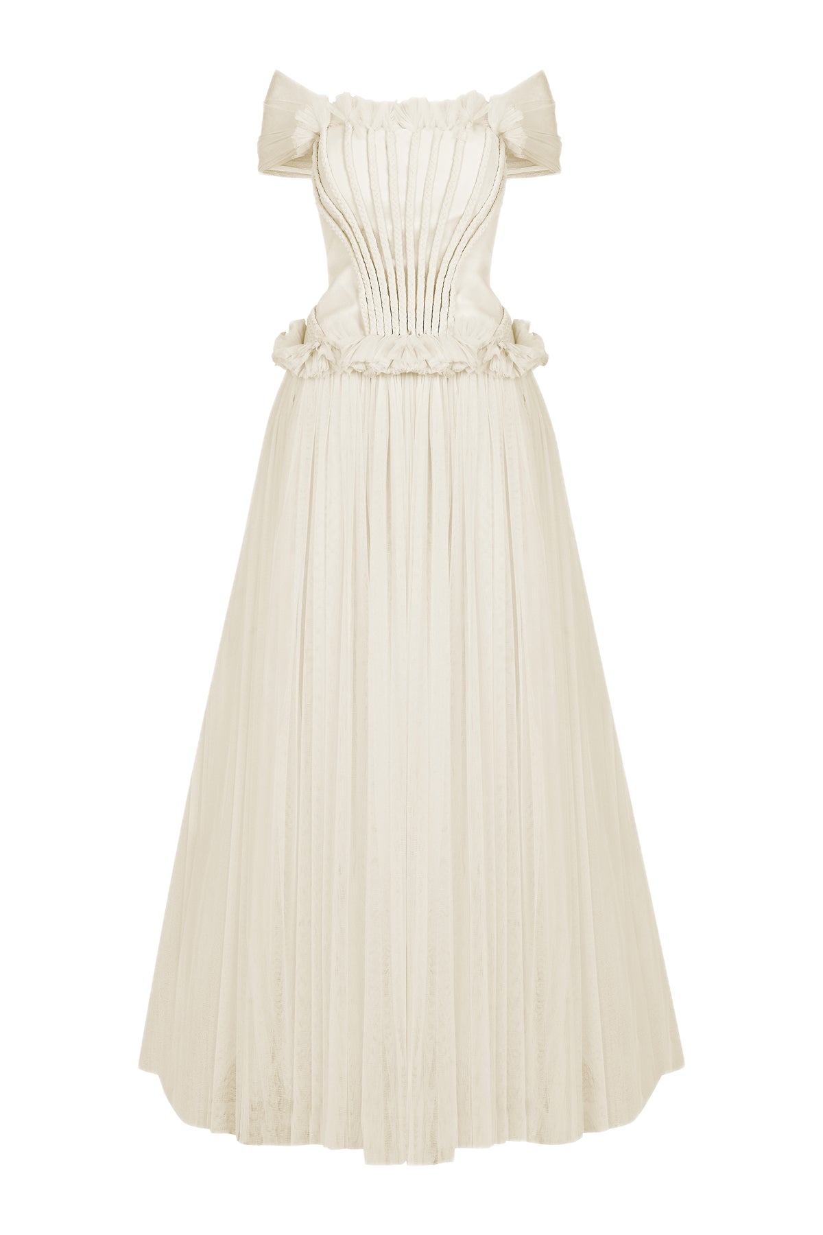 Beli Büzgü Detaylı Omuzları Açık Uzun Abiye Elbise