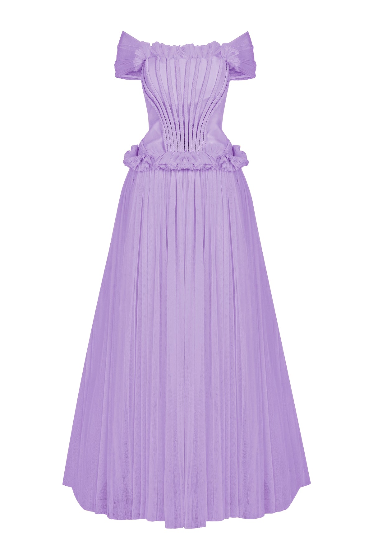 Beli Büzgü Detaylı Omuzları Açık Uzun Abiye Elbise