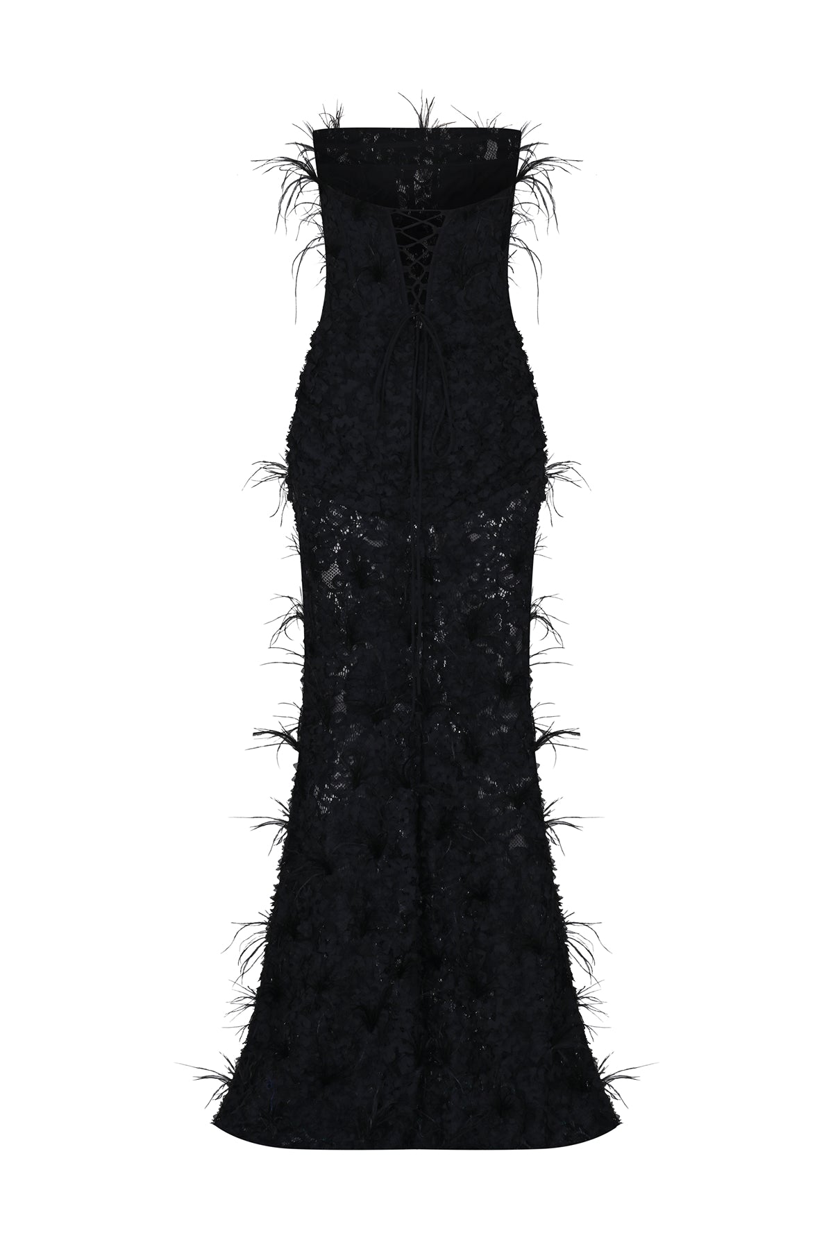 Korsajlı Tüy Detaylı Straplez Uzun Abiye Elbise