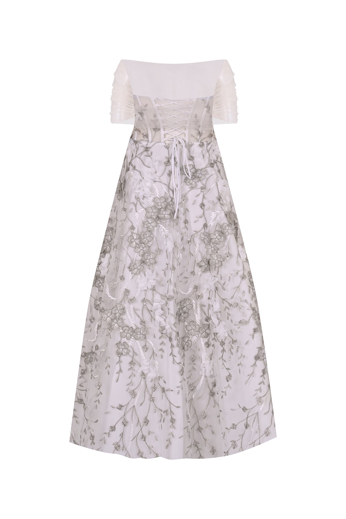 Üç Boyut Çiçek Detaylı Düşük Omuz Abiye Elbise