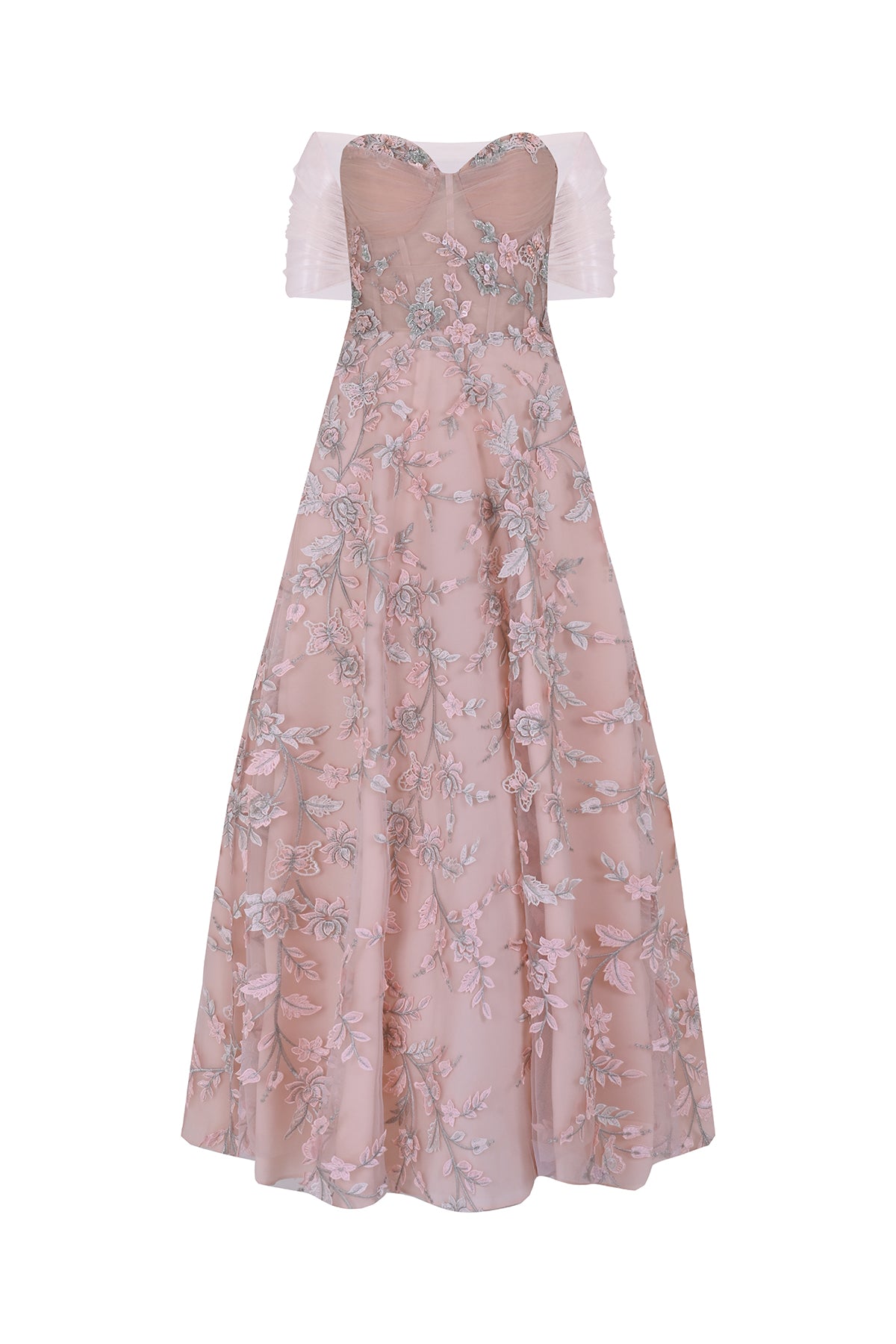 Üç Boyut Çiçekli Düşük Omuz Abiye Elbise