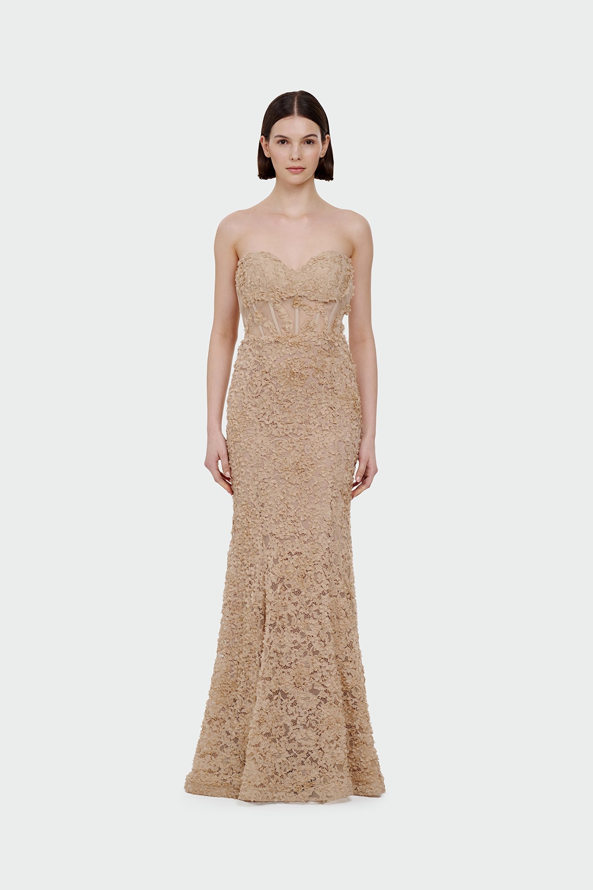 Straplez Üç Boyut Çiçekli Abiye Elbise