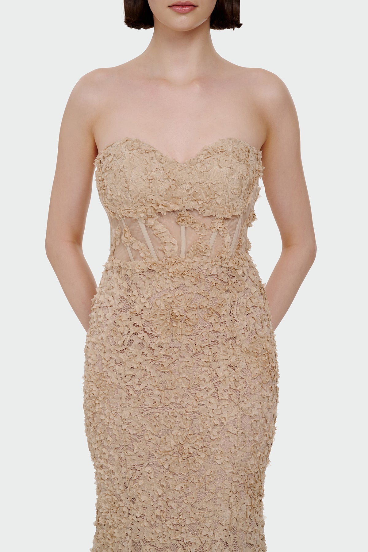 Straplez Üç Boyut Çiçekli Abiye Elbise